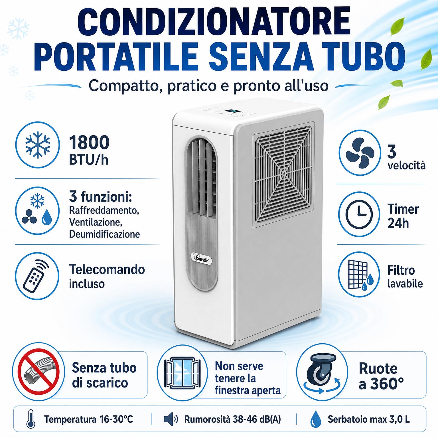 Bimar INB-CP018 Condizionatore d’Aria Spot Portatile Senza Tubo, 1800 BTU/h, 300 W, 3 Funzioni Raffreddamento/Ventilazione/Deumidificazione, Telecomando, Timer 24h, 3 Velocità, 38-46 dB, Bianco