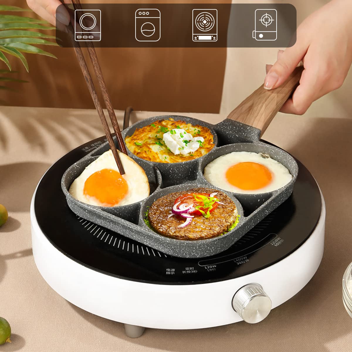 RANJIMA Poêle à Crêpes 4 Emplacements, Antiadhésive, avec Poignée en Bois Isolée pour pour Petit-Déjeuner Oeuf au Plat Hamburger, Omelette, Pancake, Cuisinière à Induction/Gaz