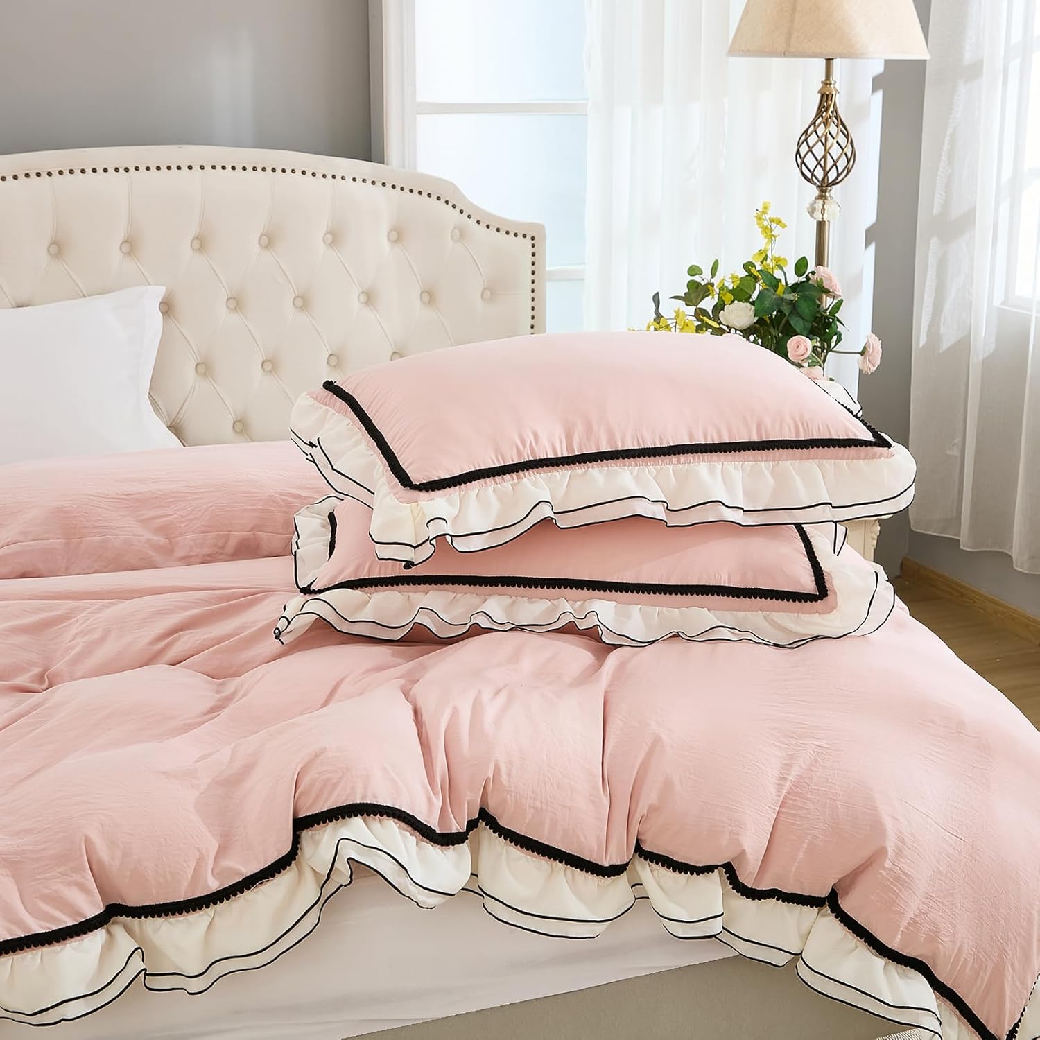 Herside Pink Comforter Set King Size,Ruffle Pompoms Chic French Style Bedding Sets,Fluffy Coquette Comforters Sets for All Season,Vintage Ruffled Lightweight Quilt Set for Women Girls Room Decor