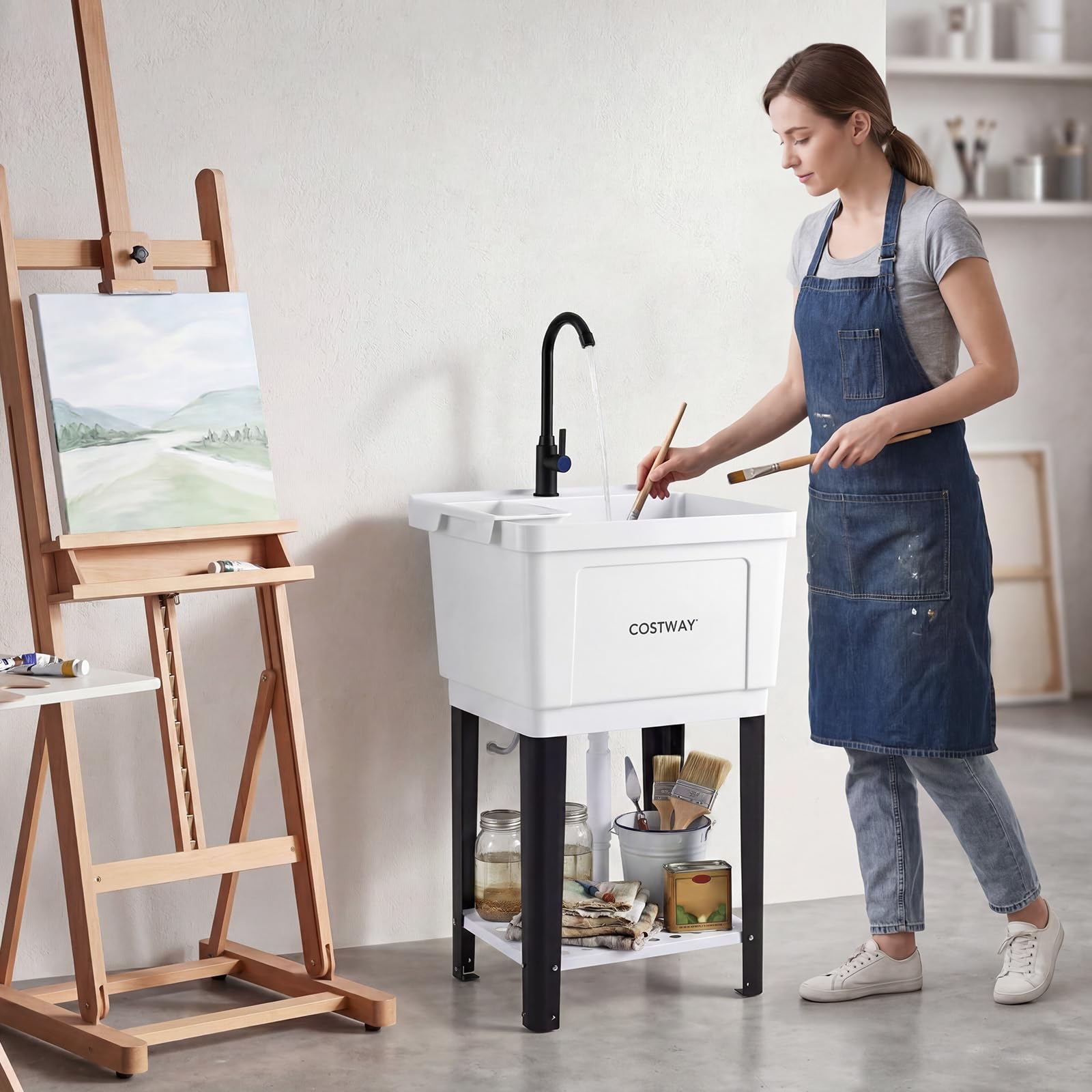 COSTWAY Ausgussbecken, Waschbecken mit Ablage, Abtropff & 360° Wasserhahn, inkl. Abflussgarnitur, Spülbecken für Garage Garten Waschküche, Küchenspüle aus Kunststoff Metall, 50,5 x 48 x 120,5 cm, Weiß