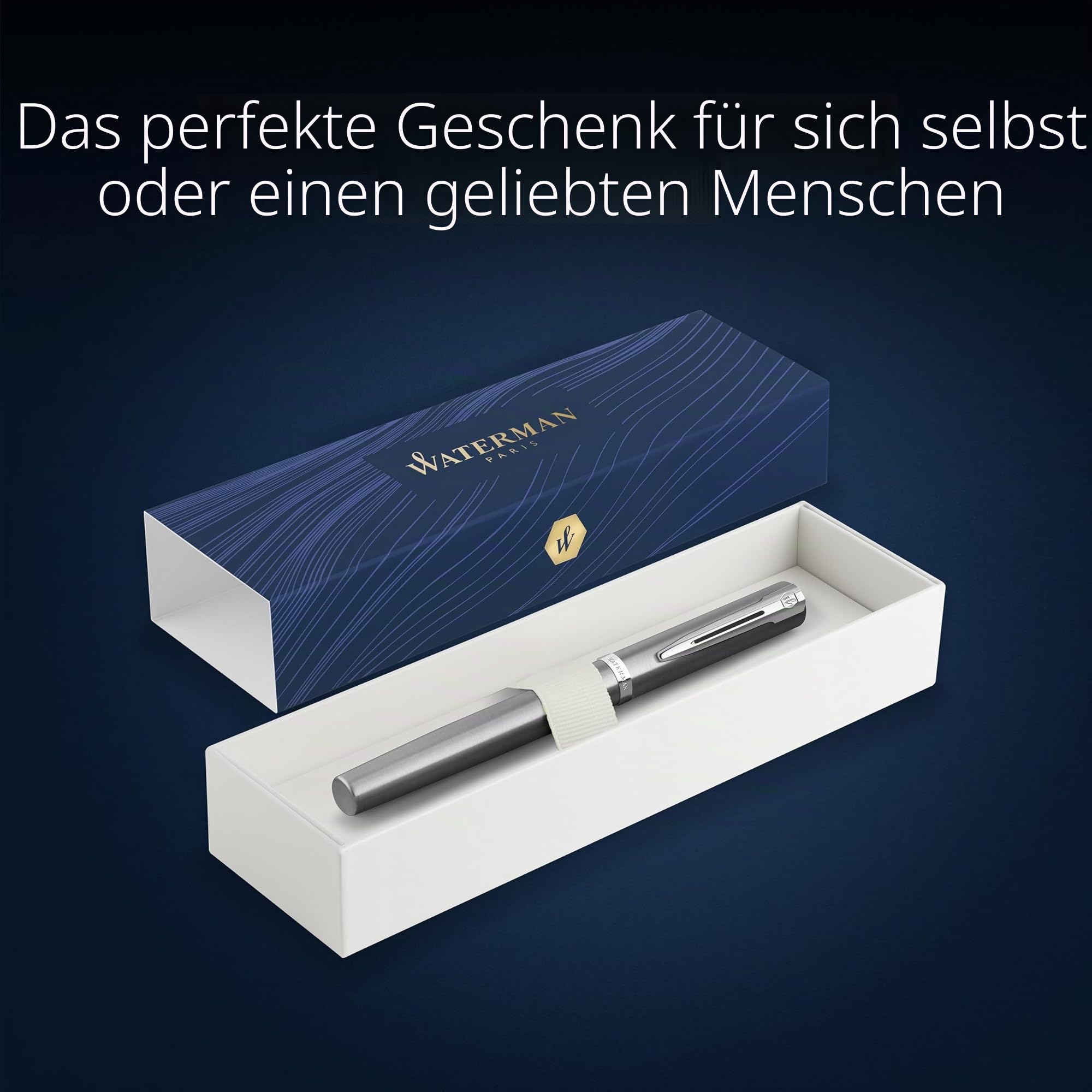 Waterman Impression Füller | Mittlere Feder mit blauer Tintenpatrone | Edelstahl mit palladiumbeschichtetem Zierrat | Geschenkbox