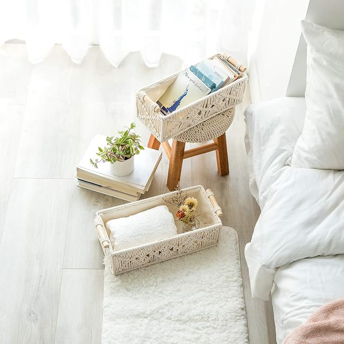 Mkono Macrame Storage Baskets Boho Decor Box Handmade Woven Decorative Countertop Toilet Tank Shelf Cabinet