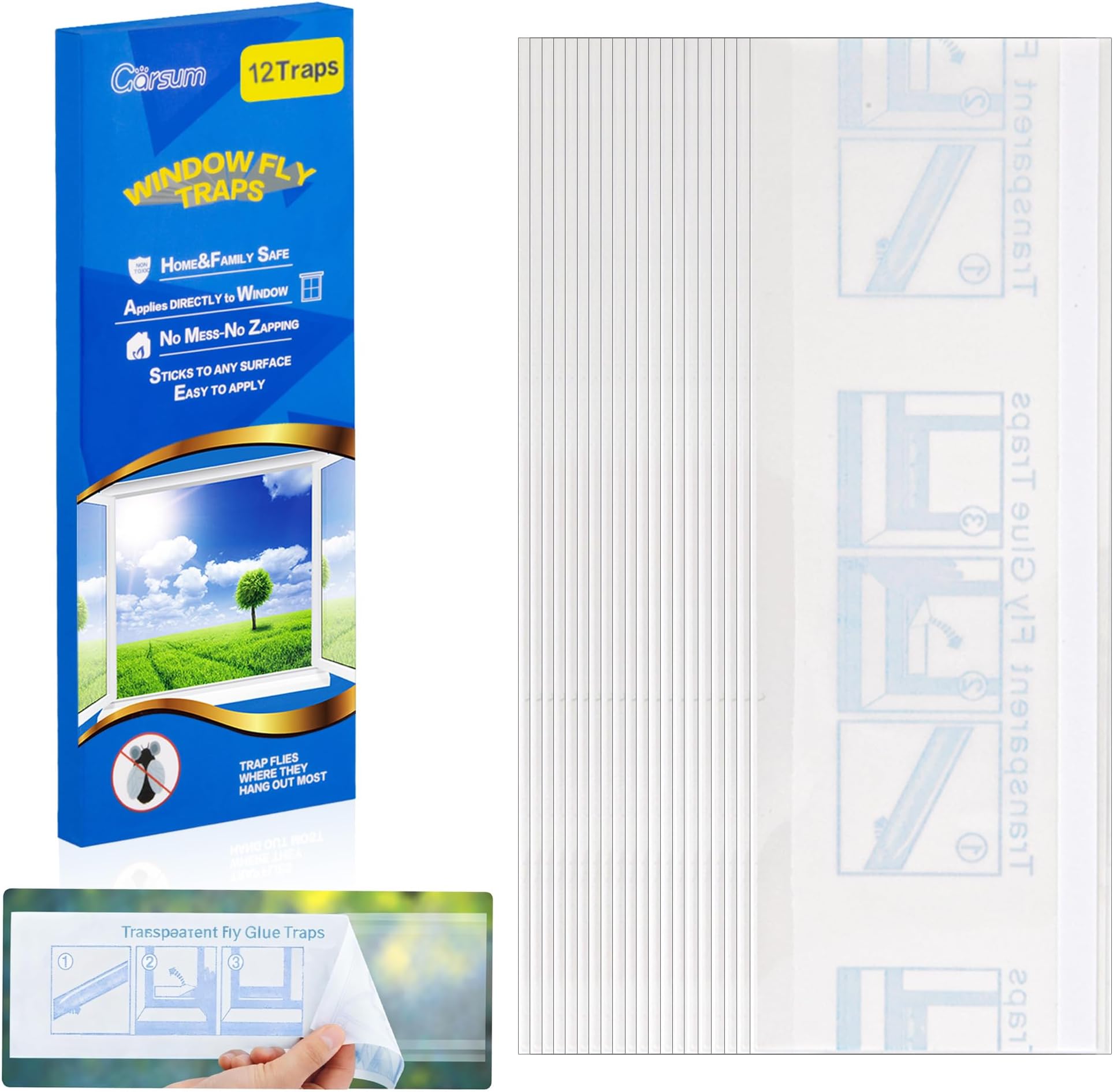 Garsum Window Fly Traps Indoor, Fly Paper Bug Sticky Strips, House Fly Killer Window Decal Non-Toxic，12 Pack