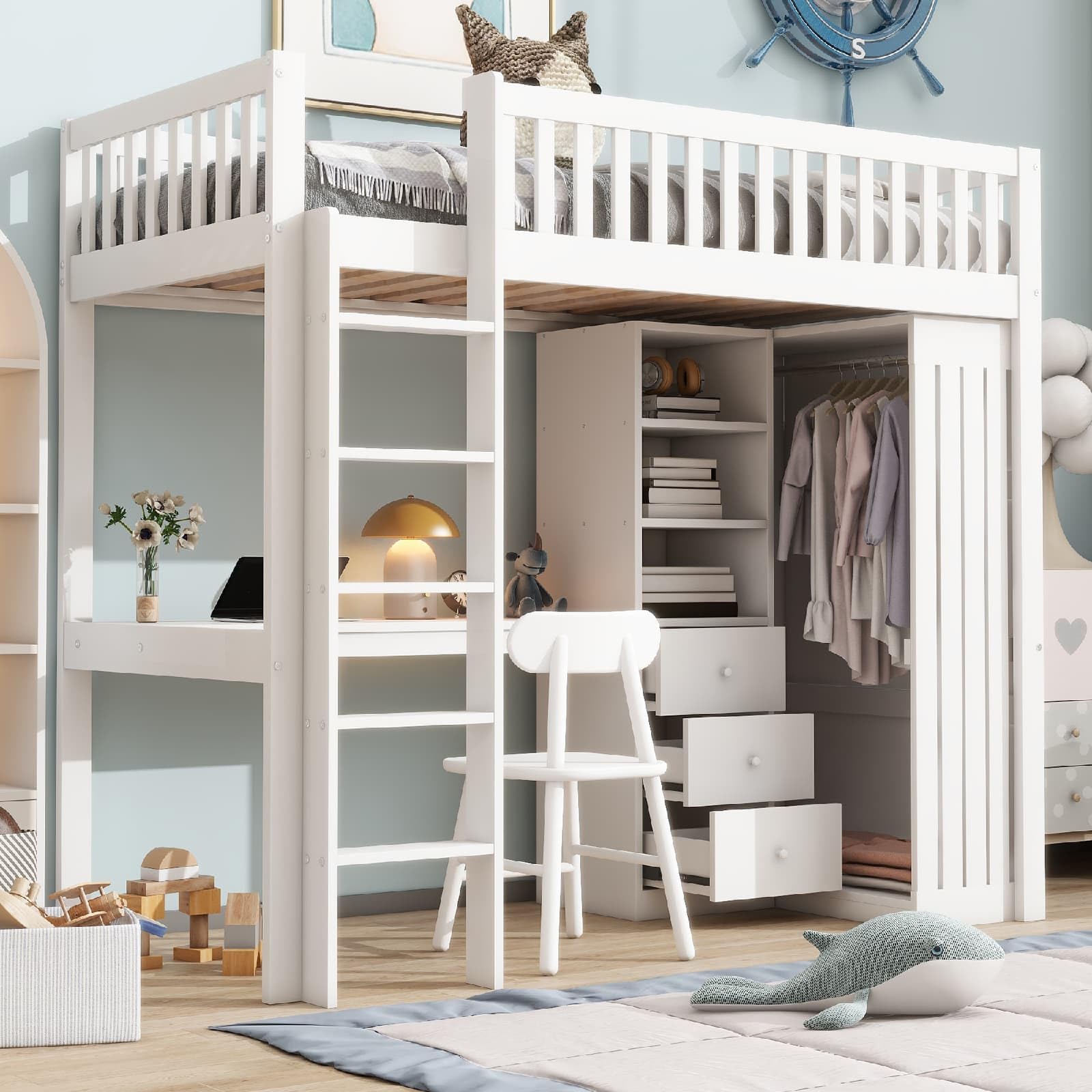 PUGSDRLY Lit Mezzanine 1 Place 90x200cm avec Bureau Armoire et 3 tiroirs,Rangement Ouvert,Design de Clôture Haute,Cadre de Lit en Pin Blanc pour Enfant Adolescent (90-Blanc-A)