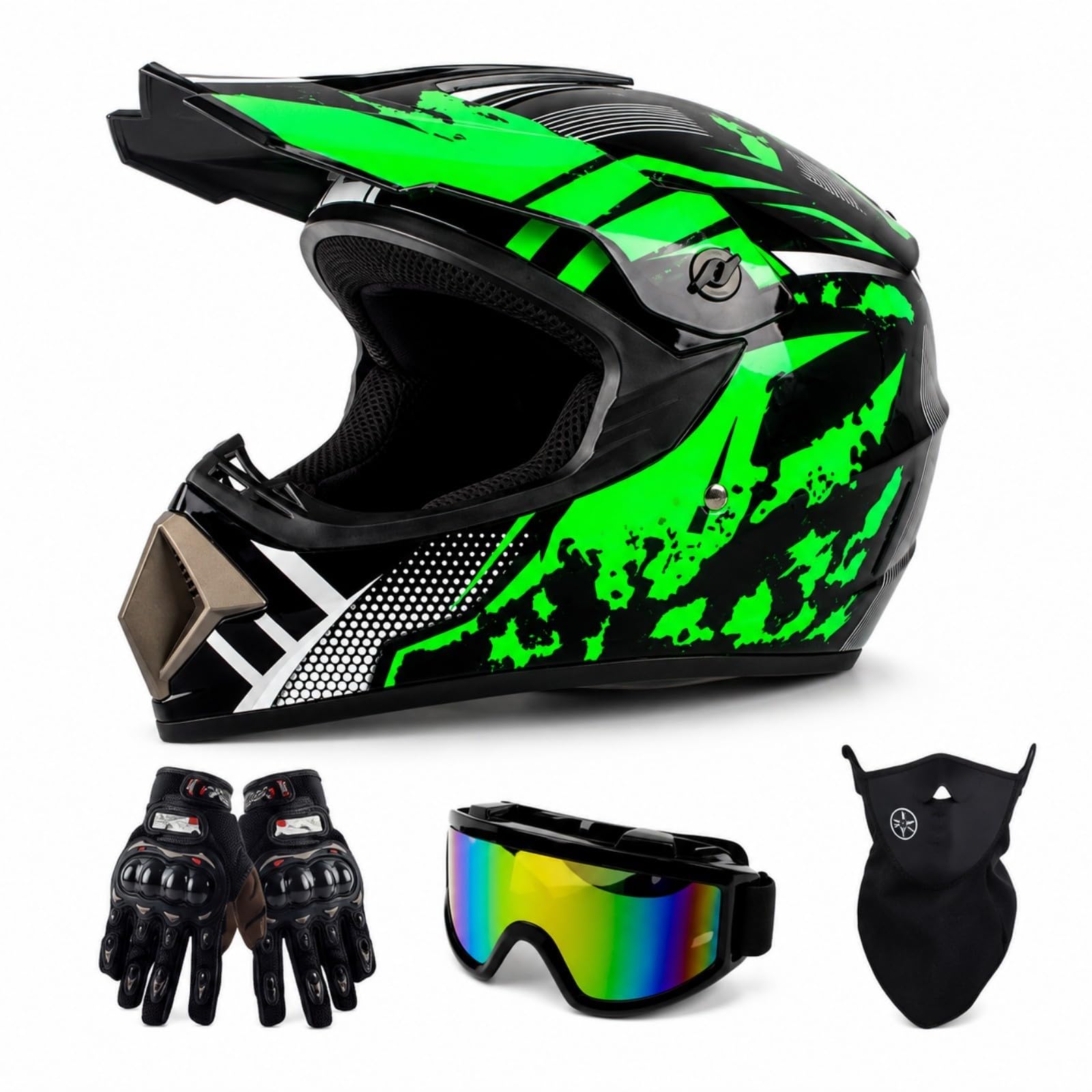 Casco Integrale MTB BMX nero e verde acceso con Occhiali e Guanti