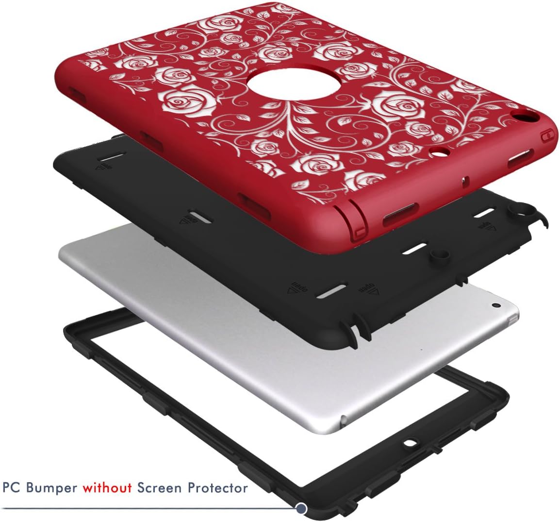 Hocase iPad 9.7 2018/2017 Case Heavy Duty Shockproof Silicone Rubber+Hard Shell Hybrid Protective Case w/Rose Floral Print for iPad 5th/6th Generation A1893/A1954/A1822/A1823 - Red/Black