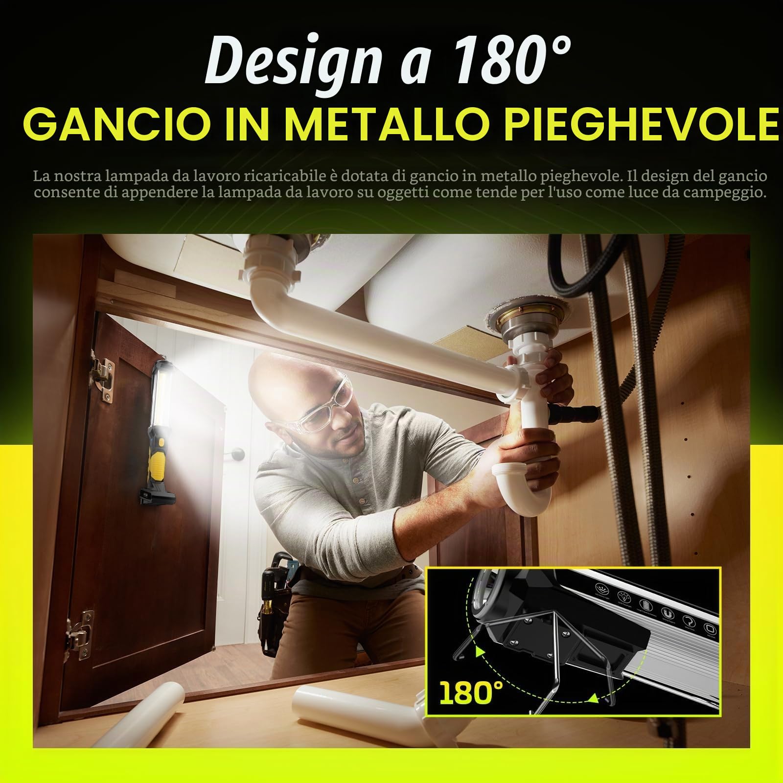 WARSUN Lampada da Lavoro LED Ricaricabile COB 1500LM Ultra Luminoso Luce di Lavoro con Base Magnetica e Gancio per Auto, Campeggio, BBQ, Home e di Emergenza Uso (2 Pezzo)
