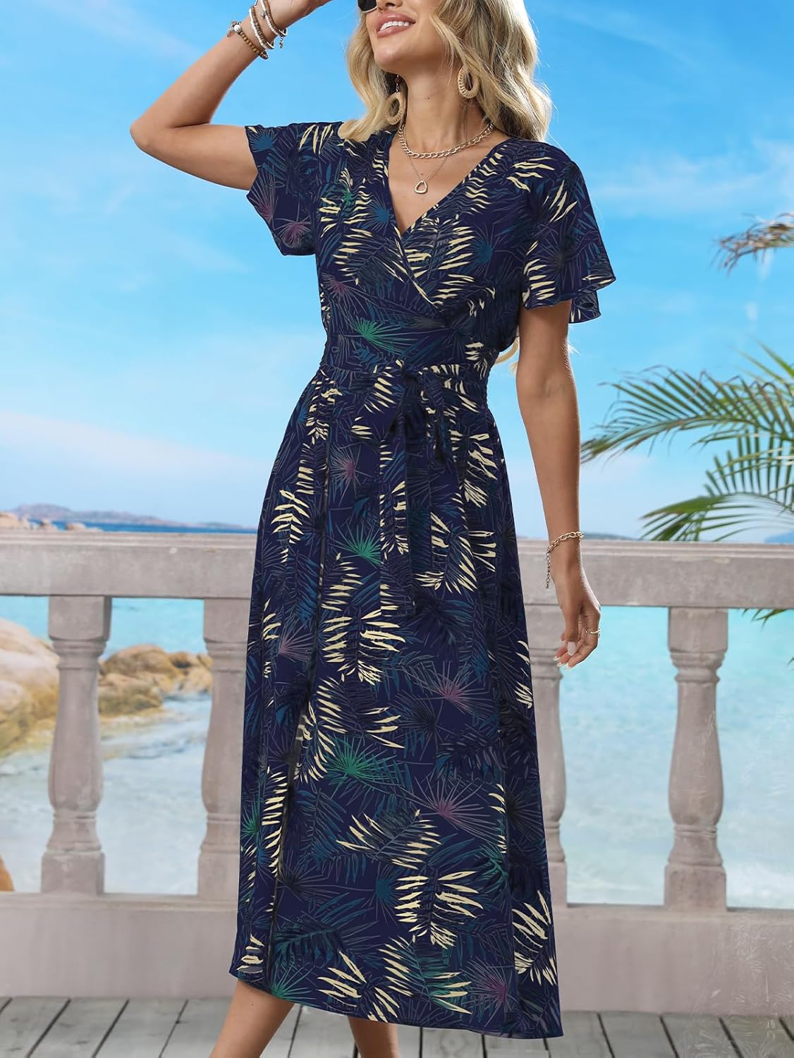 Women's Boho Summer Wrap Midi Dress - Palm Leaf Floral Print V-Neck Ruffle Short Sleeve Casual Beach Vacation Dress - Image 6