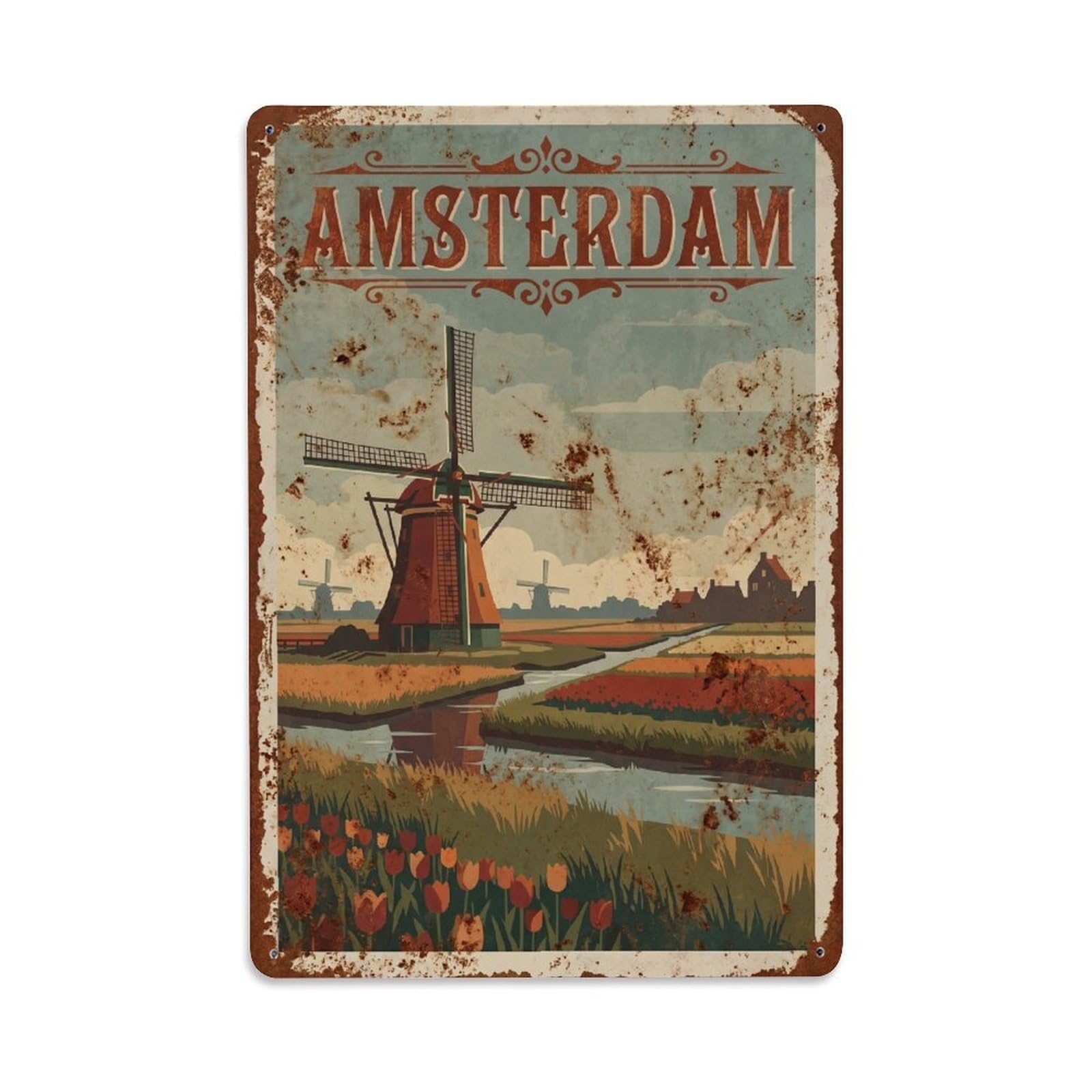 Okngb Style Retro Polder Landscape Amsterdam Pastoral Travel Garden Metal Tin Sign Plaque Wall Decor For Cafe, Man Cave, Club Bar, Office, Home Garden Round Metal Poster 8X12inch