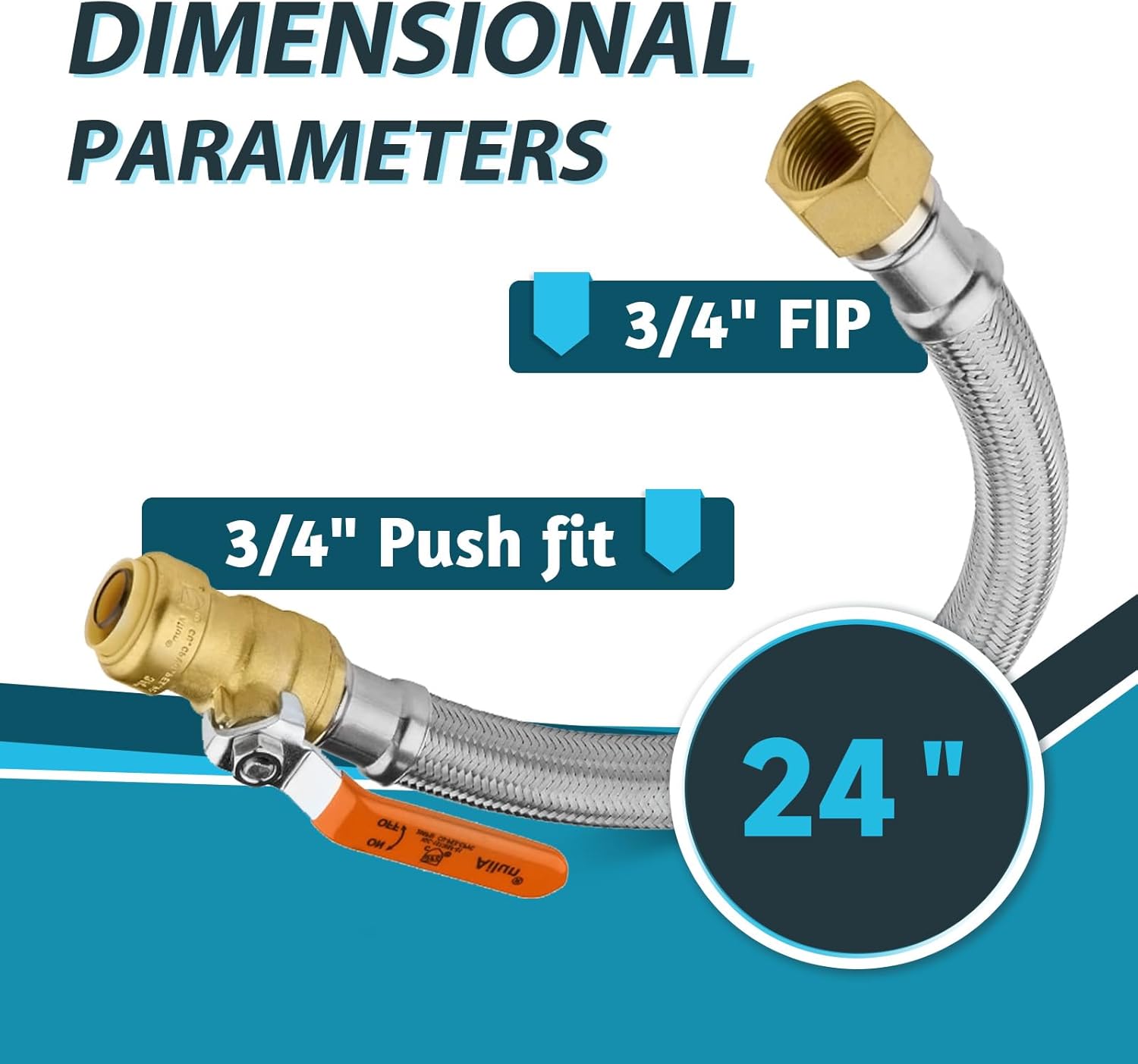 (2 Pack) Seelink 24-Inch Stainless Steel Flexible Heater Hose, 3/4 Inch Push-fit Ball Valve x 3/4 Inch FIP, Push-to-Connect for Copper, PEX, and CPVC