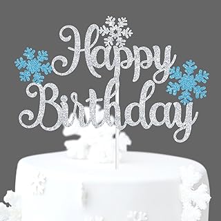 Sliver Glitter Winter Happy Birthday Cake Topper, Christmas Snowman Cake Décor, Winter Snowflake Themed Birthday Party Decorations Supplies