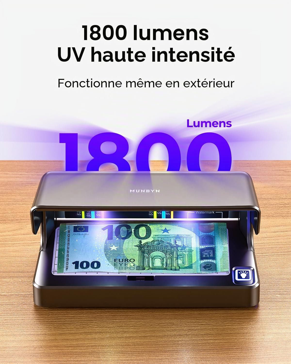MUNBYN IMC26 Détecteur de faux billets euros portable, machine détecteur faux billets, UV & Lumière Blanche, Rechargeable USB-C, détecteur billet euros, Multi-Devises $/£/€ de Billets et Documents