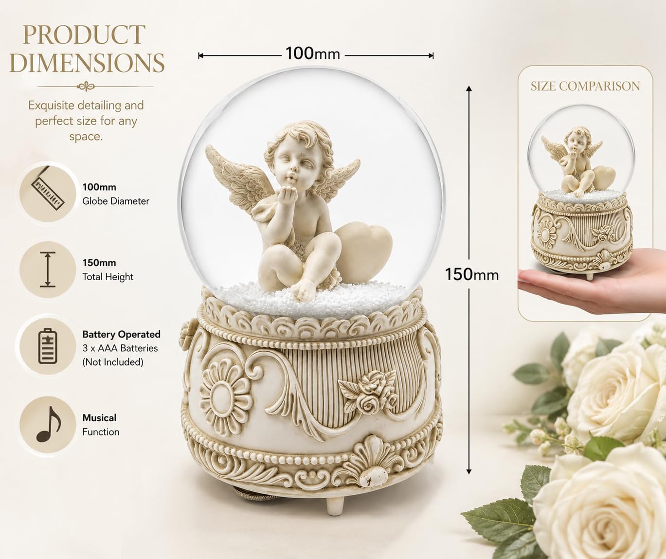 Angelic Musical - Palla di neve da 100 mm, funzionamento a batteria con intricata statuetta di angelo, richiede 3 batterie AAA (non incluse) (design A)