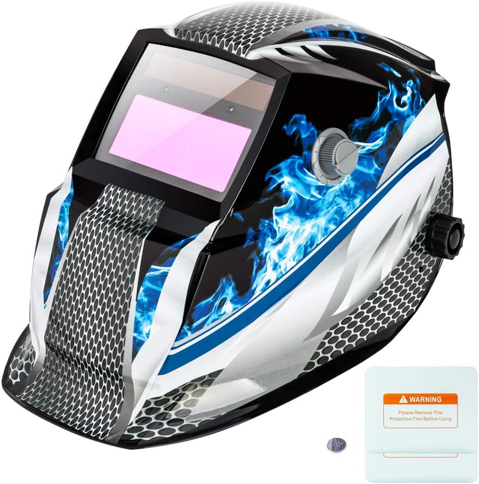 Z ZTDM Welding Helmet, Solar Powered Auto Darkening Hood, Welder Mask with Adjustable Wide Shade Range 4/9-13, Protective Gear, 2 Extra Lens & Battery for ARC MIG TIG (Blue Racer)