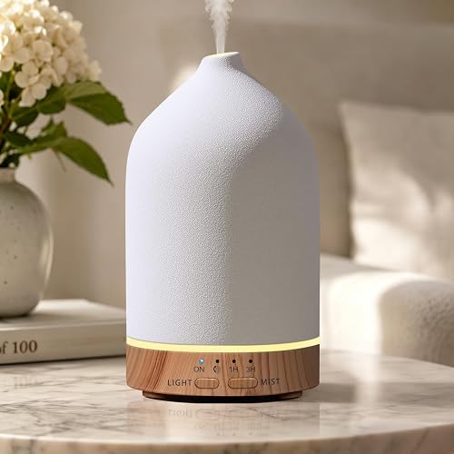 URPOWER 180mL Ceramic Essential Oil Diffuser with Ultrasonic Mist, Auto Shut-Off and 7-Color LED Light