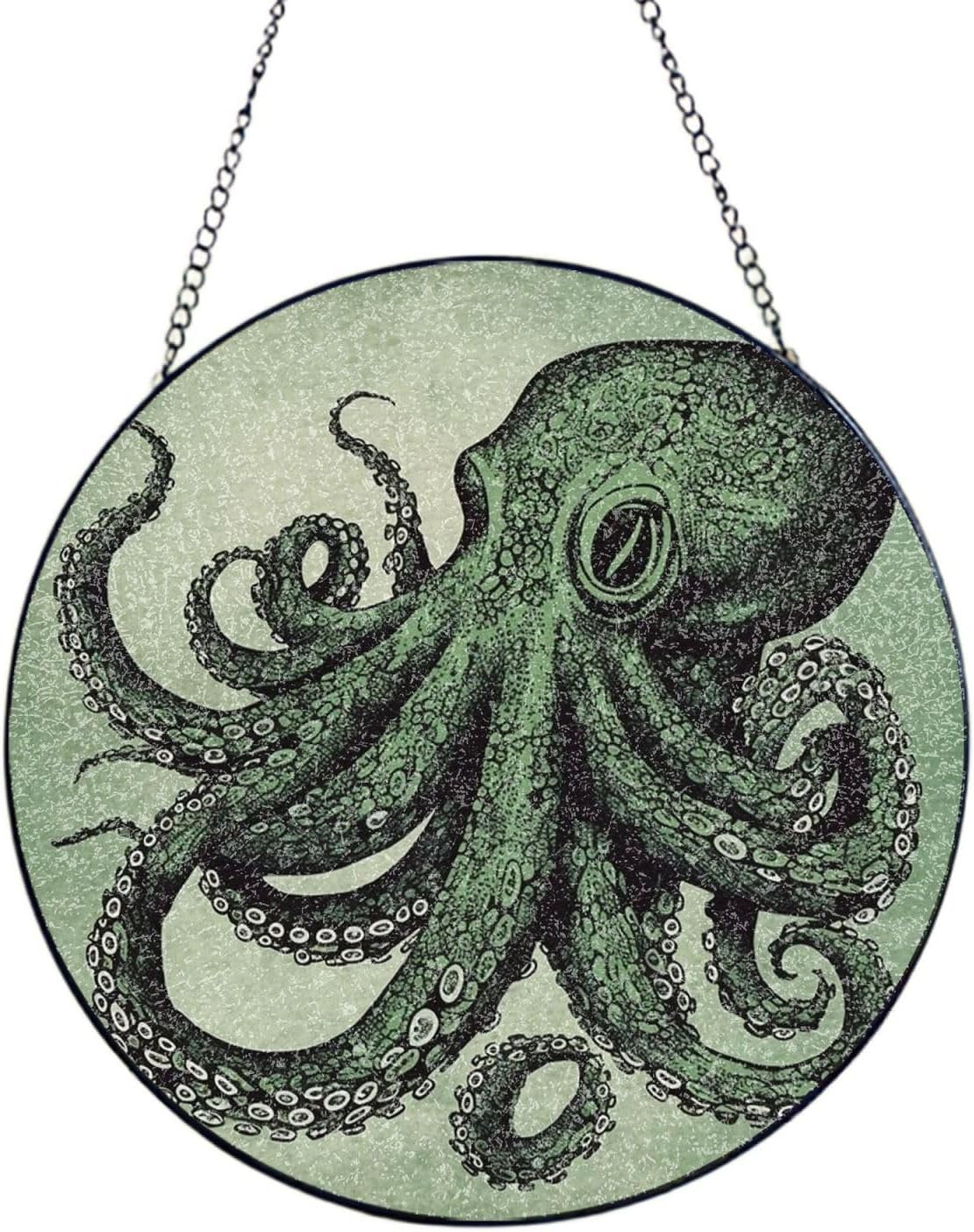 Stained Glass Window Hanging 6in（15cm）, Green Octopus Glass Suncatcher for Home Decor, Indoor Wall Art Glass Panel with Metal Chain and Hooks, Sun Catcher Ornament Birthday Gifts
