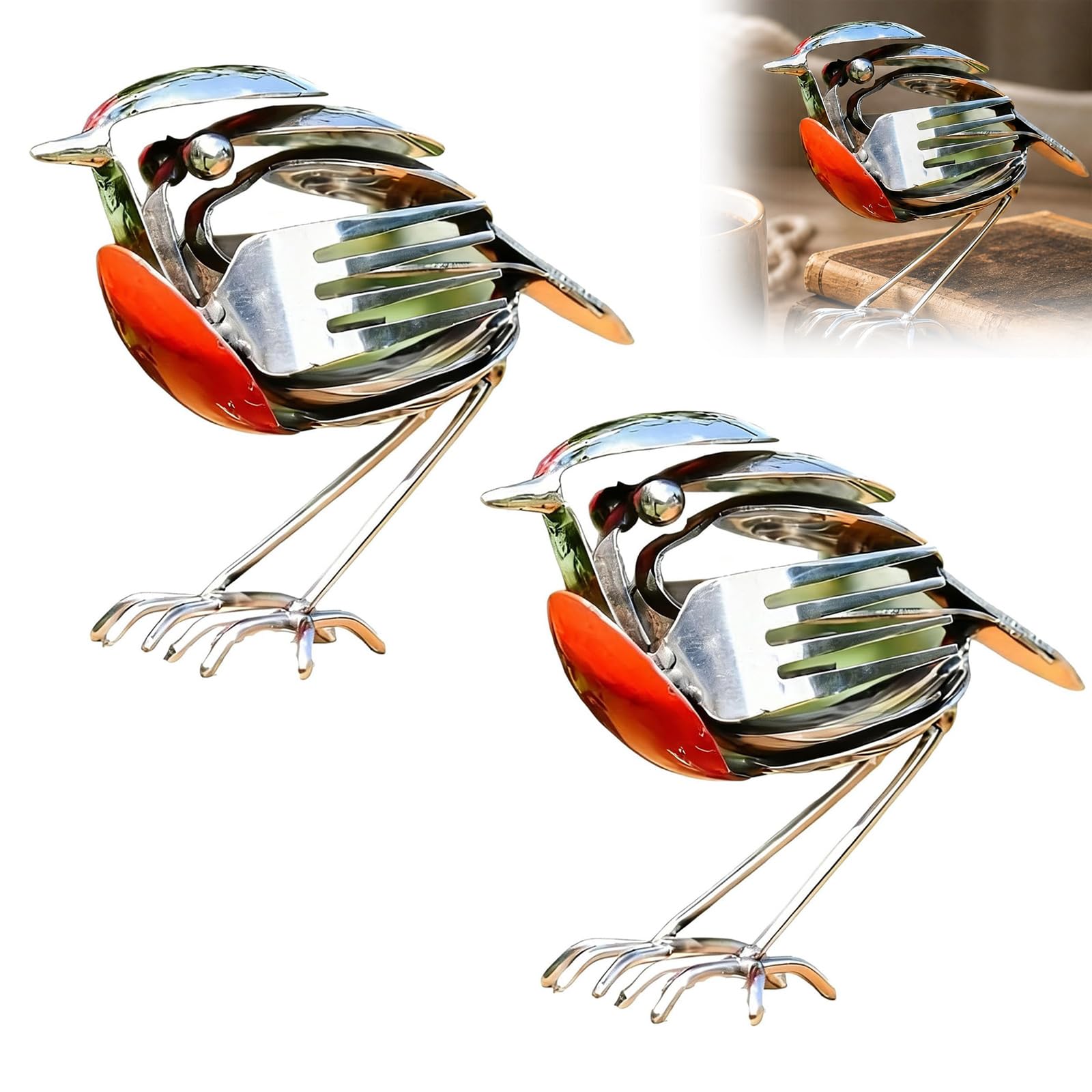 DR.AF Metal Robin Garden Ornament, Silver Robin Ornament, Handcrafted Bird Statue with Red Breast, Weatherproof Rustic Decor for Outdoor Yard Patio Lawn, Unique Garden Gift for Bird Lovers