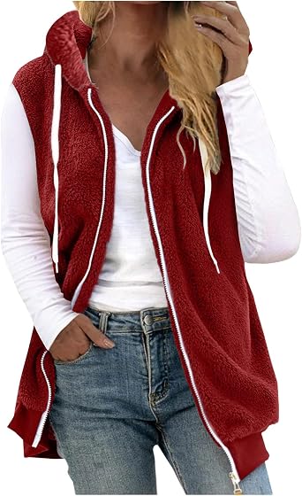 Sherpa Vest for Women Fuzzy Fleece Warm Soft Fall Vest Jackets Zip Up Sleeveless Hooded Lightweight Winter Coats