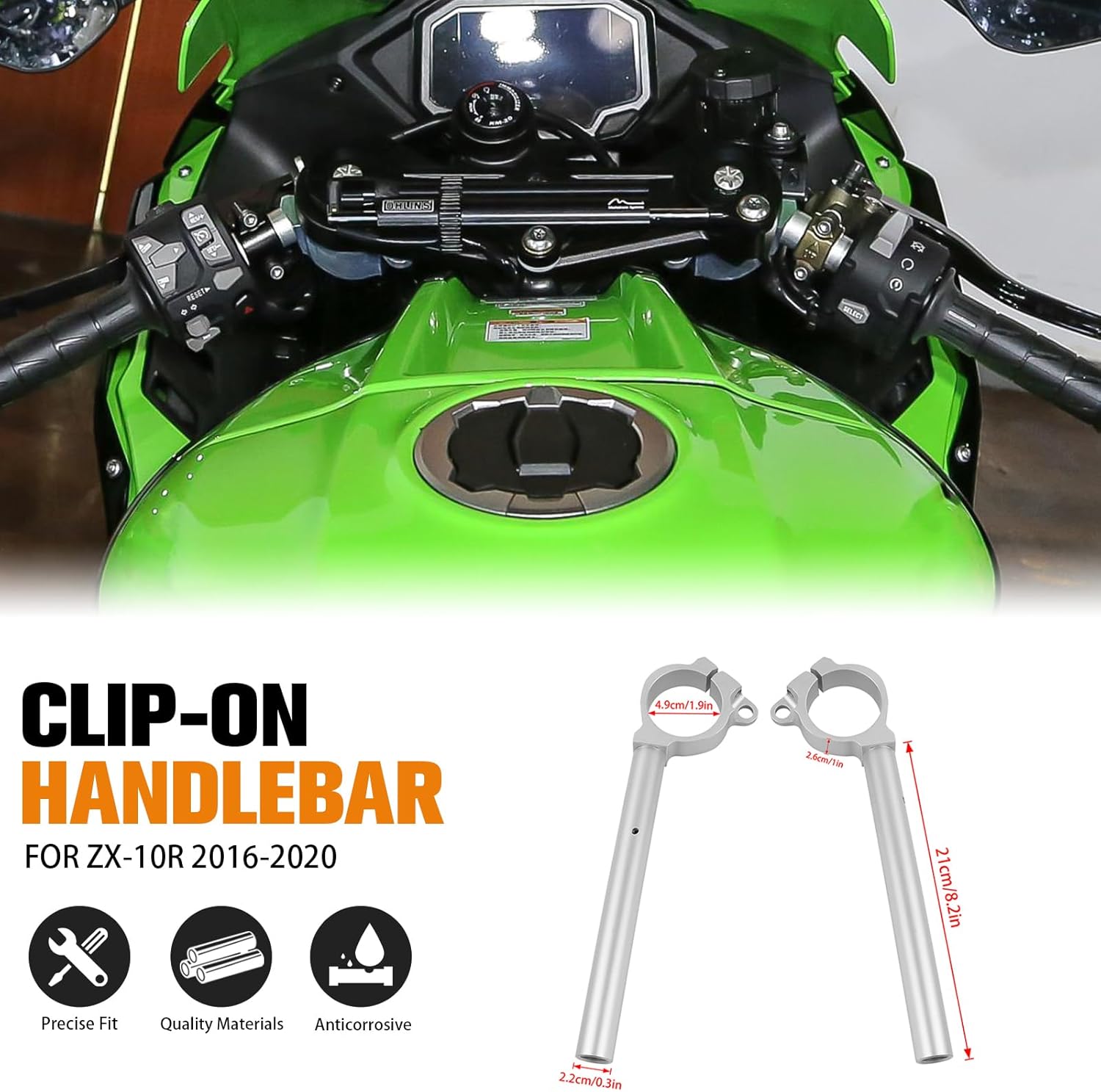 Clip On Handlebars Left & Right Aluminum Motorcycle Handle Bar Fork Tube Handlebar Replacement for Kawasaki Ninja ZX-10R ZX10R 2016-2020 (Silver)