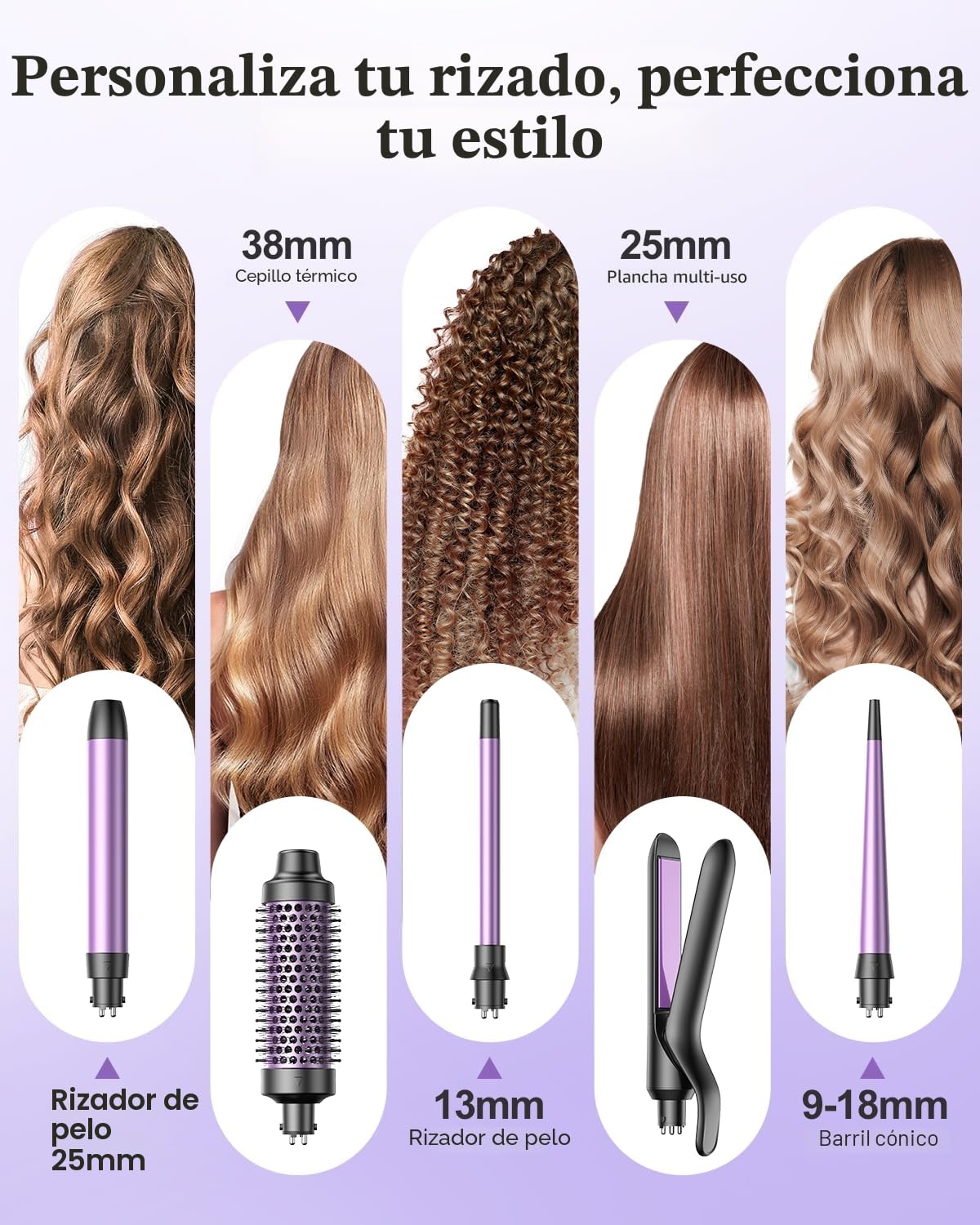 Curling Iron 5 en 1 BESTOPE PRO - Con Plancha de Pelo, Cepillo TéRmico, Rizador Pelo Ondas (9 Mm-25 Mm), Temperatura Ajustable - Para Viajes Y Regalos Hair Curler Kit