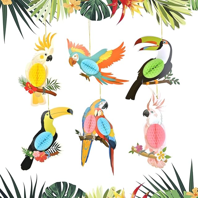SIYINGSAERY 6 PCS Tropical Birds Honeycomb Parrot Tropical Birds Honeycomb Paper Cutouts Rainforest Parrot Decoration Hawaiian Summer Beach Tiki Bar Luau Party Hanging Decorations Ornaments for Kids