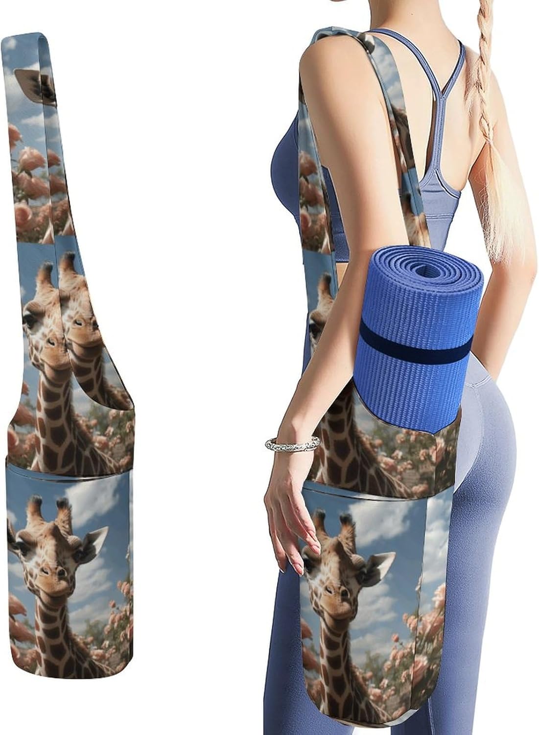 Beautiful Giraffe Yoga Mat Bag, Durable Canvas Yoga Mat Storage Bag with Water Bottle Pocket And Bottom Wet Bag, Fits Most Size Yoga Mats