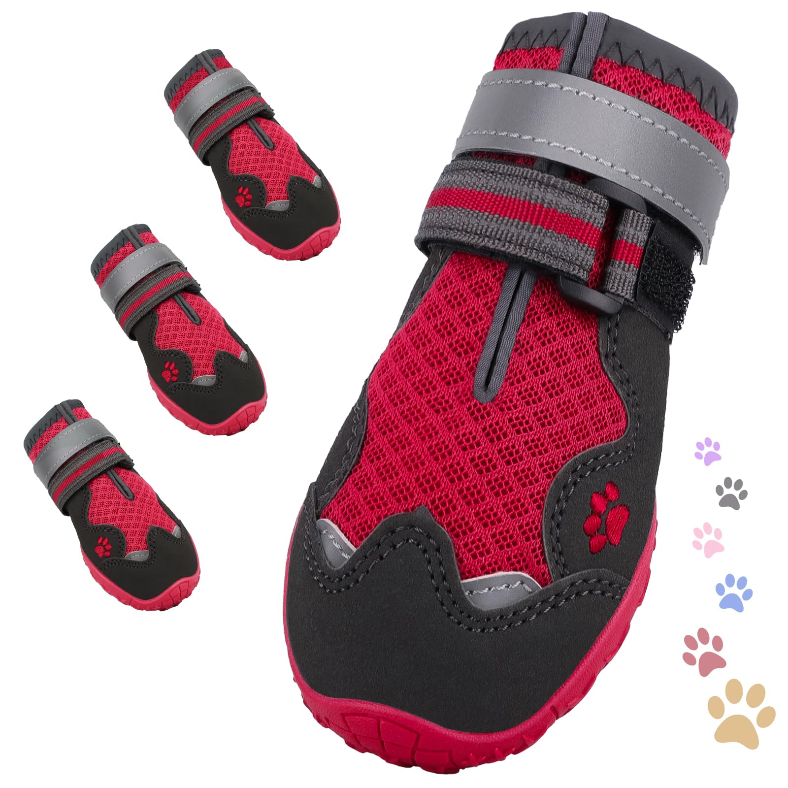 Dog Shoes, FISHOAKY Dog Shoes for Large Dogs, Mesh Breathable Dog Boots & Paw Protectors for Summer Hot Pavement, 360°Anti Slip 4Pcs Dog Booties with Reflective Red (Size 1)