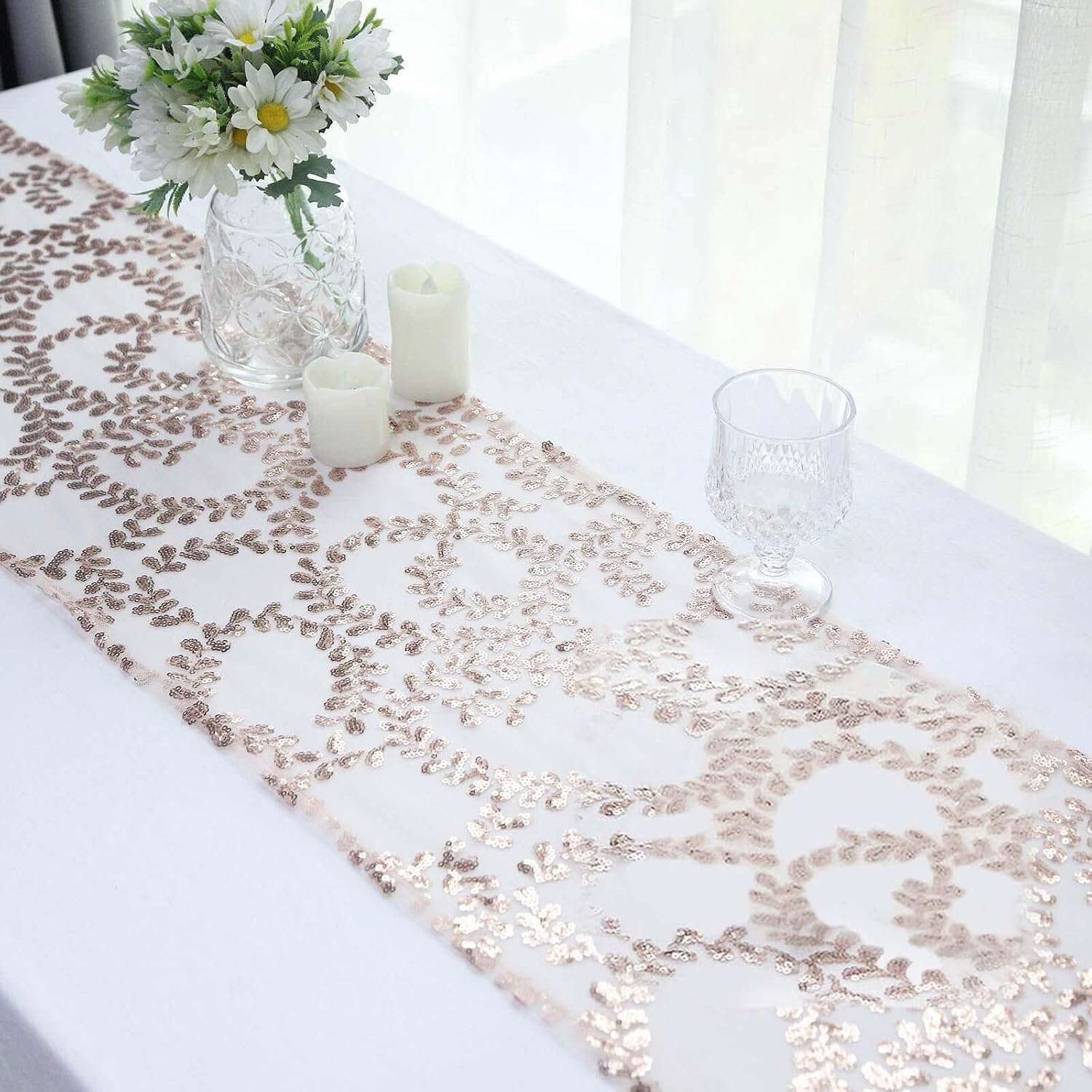 Efavormart 12"x108" Blush Rose Gold Leaf Vine Embroidered Sequin Mesh Like Table Runner