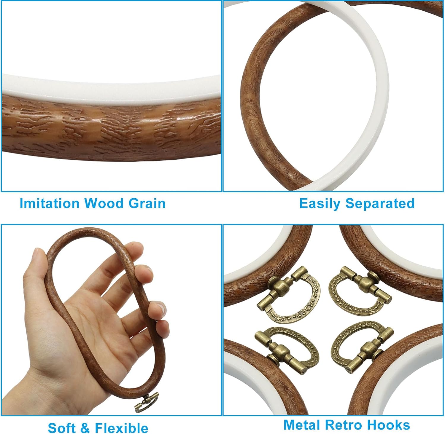 Bonsicoky 15 Pack Round Embroidery Hoops, 5 Inch Wood Look Decorative Embroidery Hoop Set, PVC Imitated Wood Vintage Frames for Hand Embroidery & Cross Stitch Projects