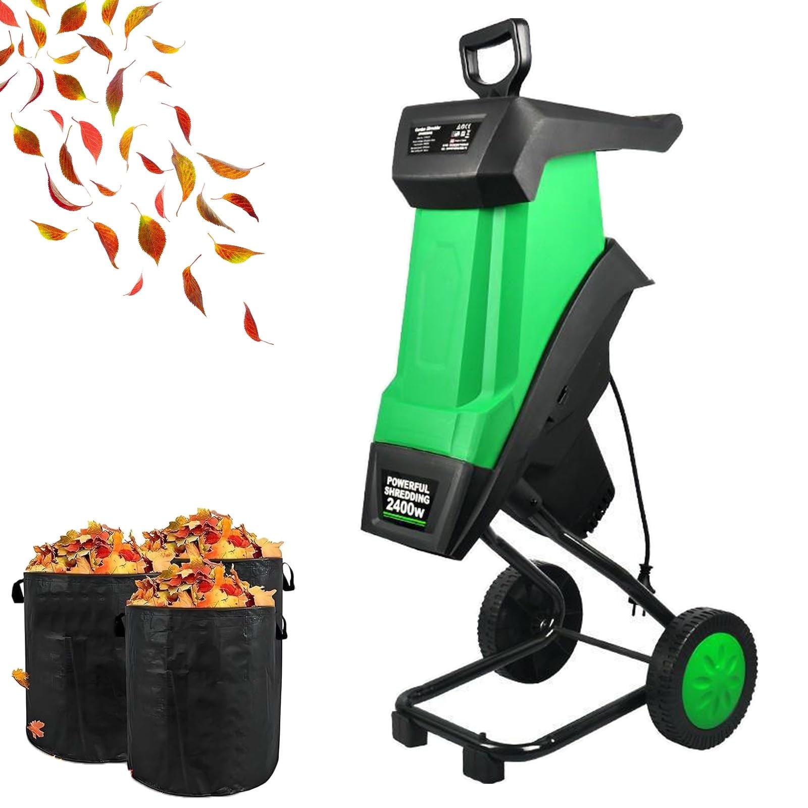 Trituradora eléctrica de madera y trituradora de hojas, 2400 W, máquina 2 en 1 con bolsa de recolección, para un acolchado eficiente de ramas, ramas y hojas