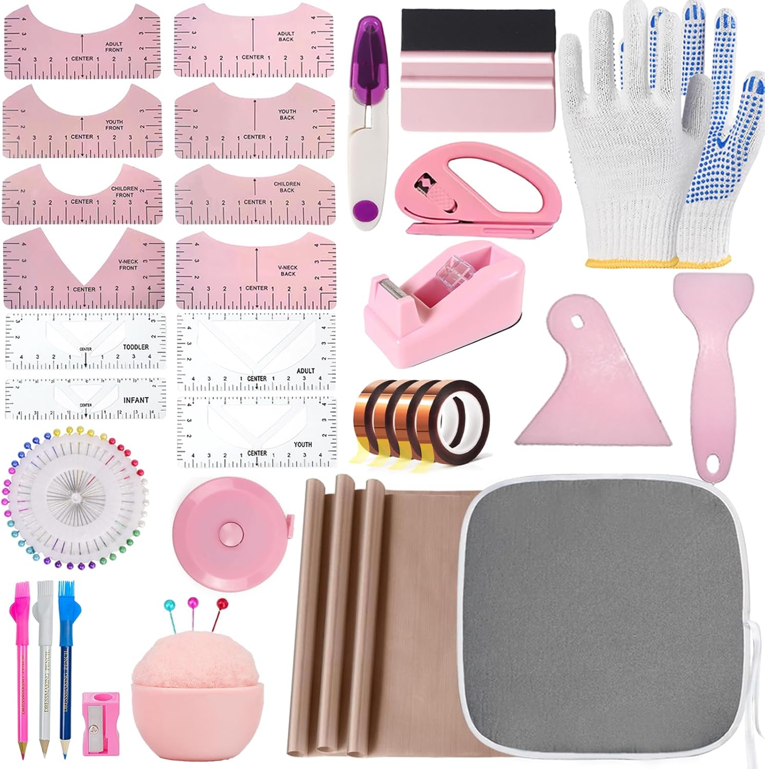 QUKLOGEN Sublimation Shirts Tool Kits Shirt Measure Ruler Set Include 12 T Shirt Guide Ruler,Portable Pad for Ironing,Teflon Sheet for Heat Press,Heat Resistant Tape Craft Sewing Accessories