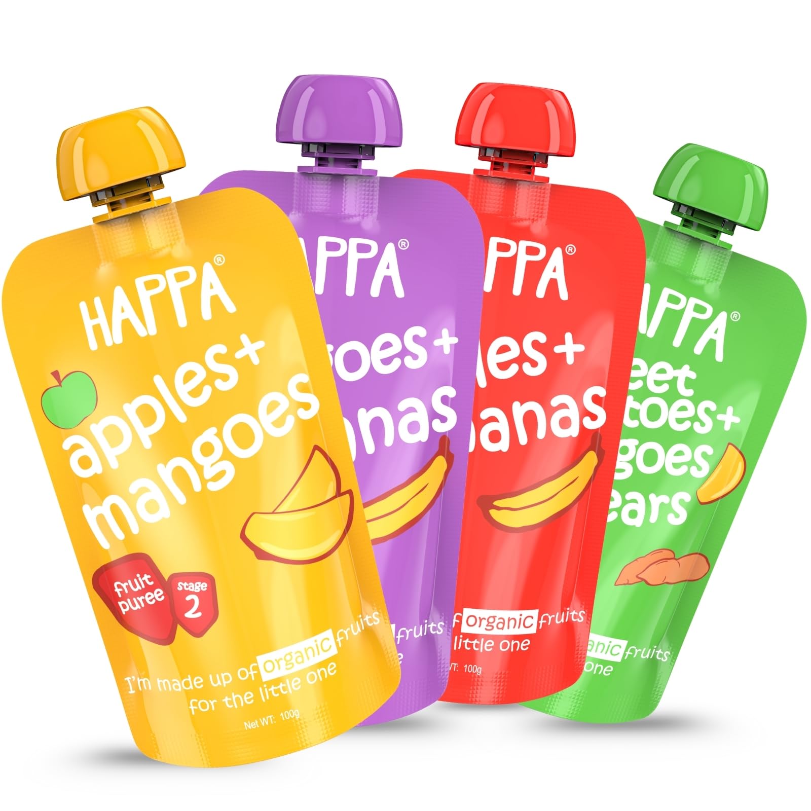 Happa Healthy Baby Food Puree Travel Combo | 100% Fruits and Vegetables | No Added Sugar, No Milk Powder, No Preservatives | Stage 2 (6 Months+) | Ready to Eat | Free from Common Allergens | Pack of 4 (100g Each)