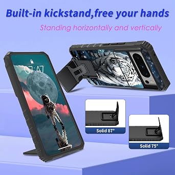 for Google Pixel 8 Pro Case with Slide Camera Cover and Built-in Kickstand,Military Grade Shockproof Bumper Protective Black Cover for Google Pixel 8 Pro,White Tiger