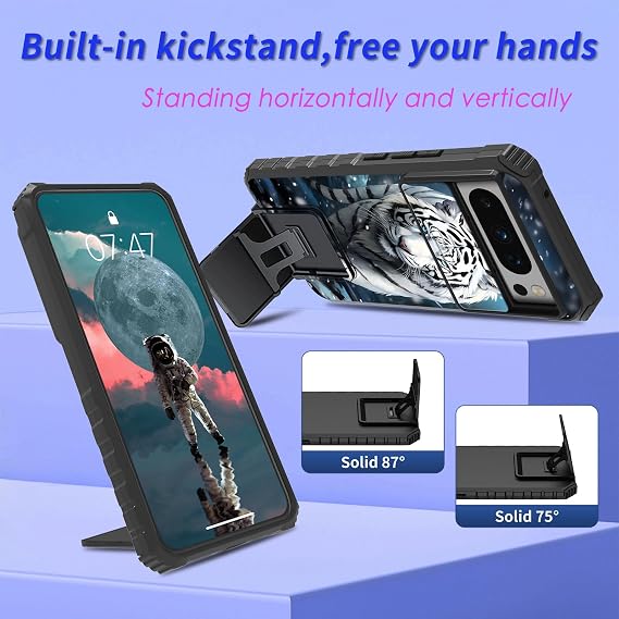 for Google Pixel 8 Pro Case with Slide Camera Cover and Built-in Kickstand,Military Grade Shockproof Bumper Protective Black Cover for Google Pixel 8 Pro,White Tiger