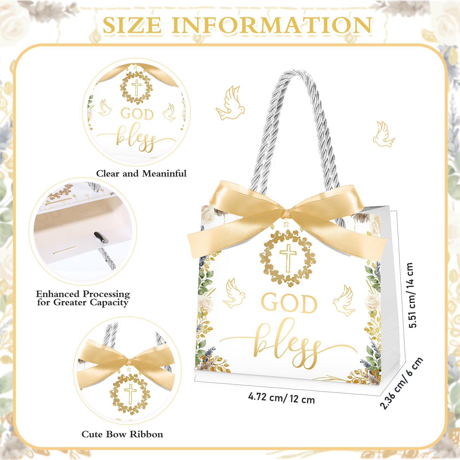 Kolldenn 25 Pack Baptism Gift Bags for Guests Gold God Bless Paper Gift Bags with Handles and Bow Ribbon for Baptism Guests Theme Party Favors Christenings Easter