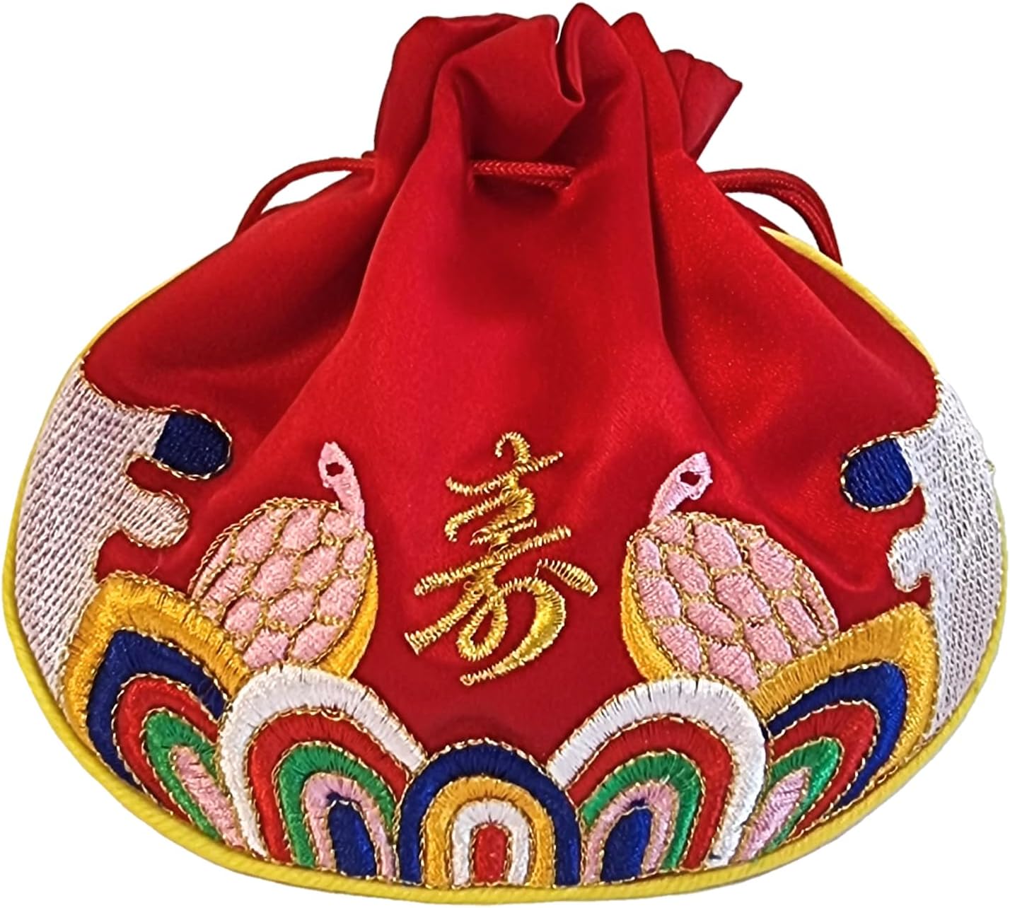 Seoulful Vintage Korean Turtle Blessing Pouch - Traditional Bokjumeoni Lucky Bag with Longevity & Fortune Symbols Embroidered - New Year & Chuseok Gifts (Red)