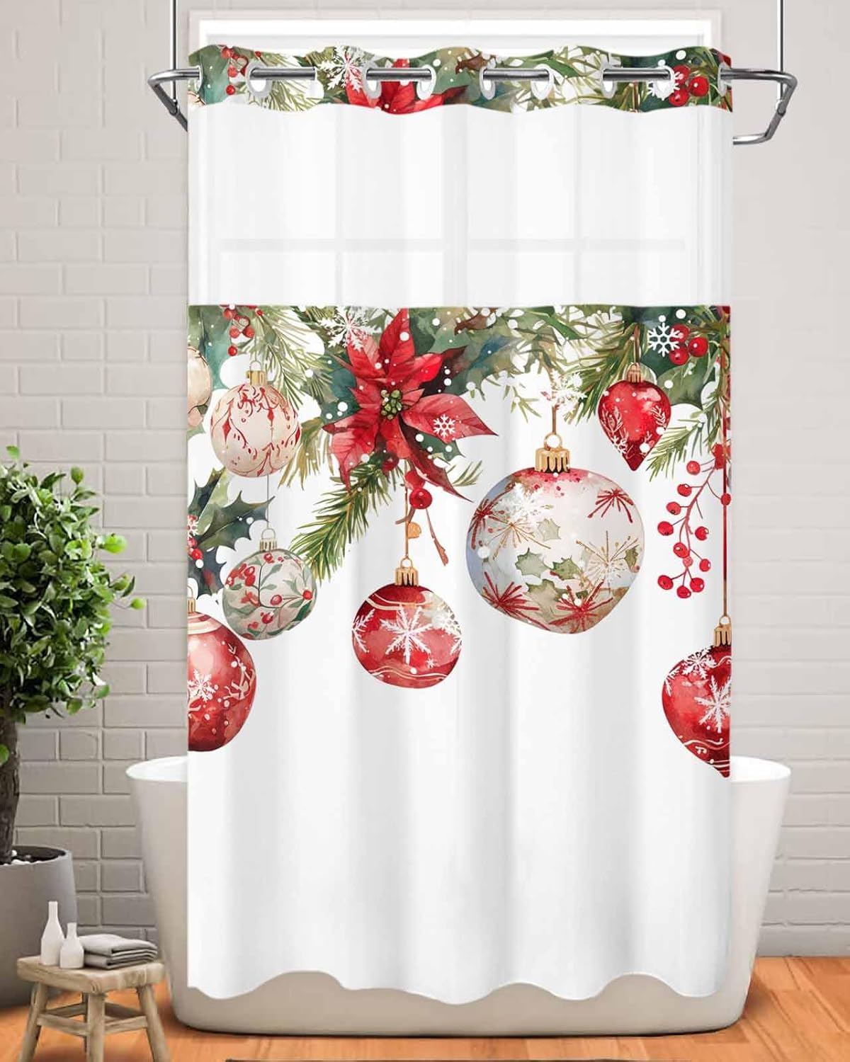 Christmas No Hook Shower Curtain with Snap in Liner Set