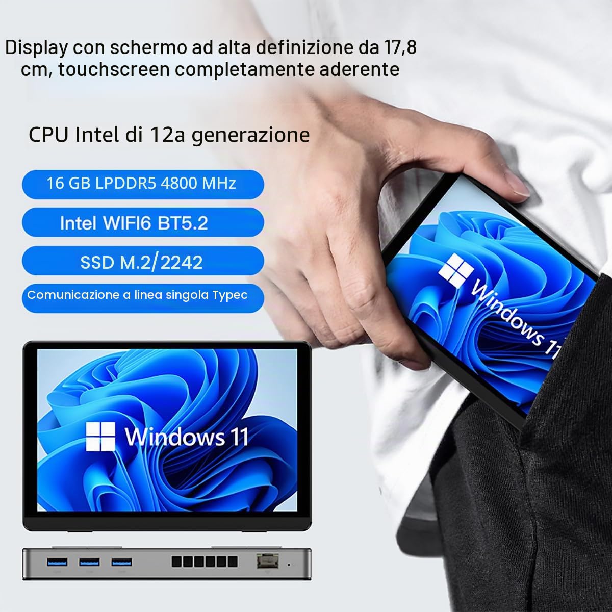 Mini PC Computer N200 con Schermo, Tablet con RAM 16GB Integrato, 512GB SSD | N200 (Aggiorna N150), Wifi6 BT5.2 Batteria 3400mAh, Portable PC 7 Pollici Schermo Tattile con Ventola