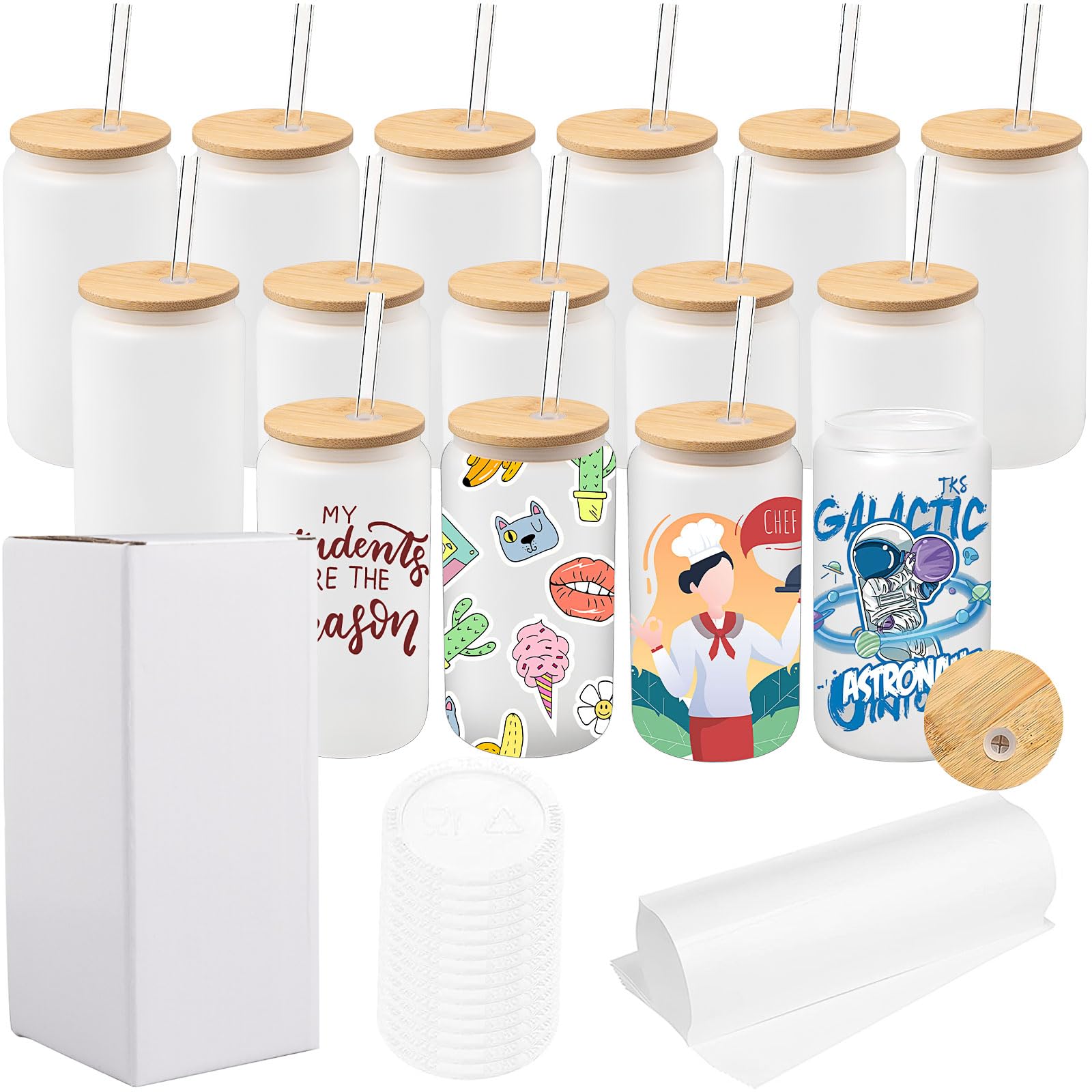 Lot de 12 Verres Givrés à Sublimation 16oz, Gobelets en Verre Borosilicate avec Couvercles en Bambou et Pailles, Blanks pour Bière, Jus, Soda, Café Glacé, Boissons