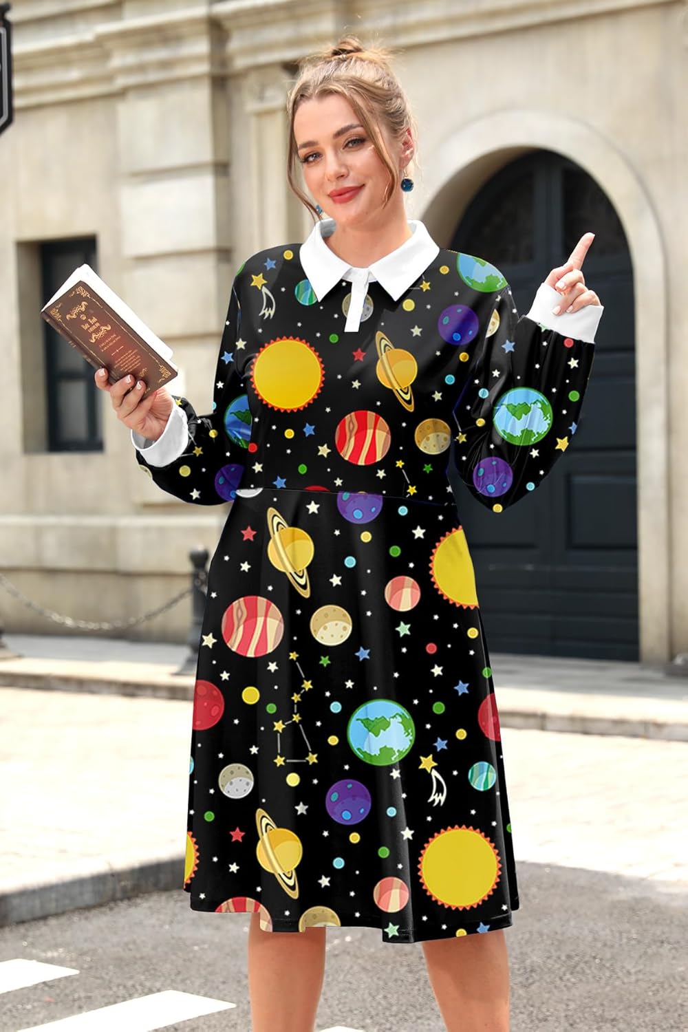 Maisolly Women's Halloween Costume Sets 3 Pcs Plus Size Cute Long Sleeve Dress with Handbag Earrings XL - 4XL - Image 4