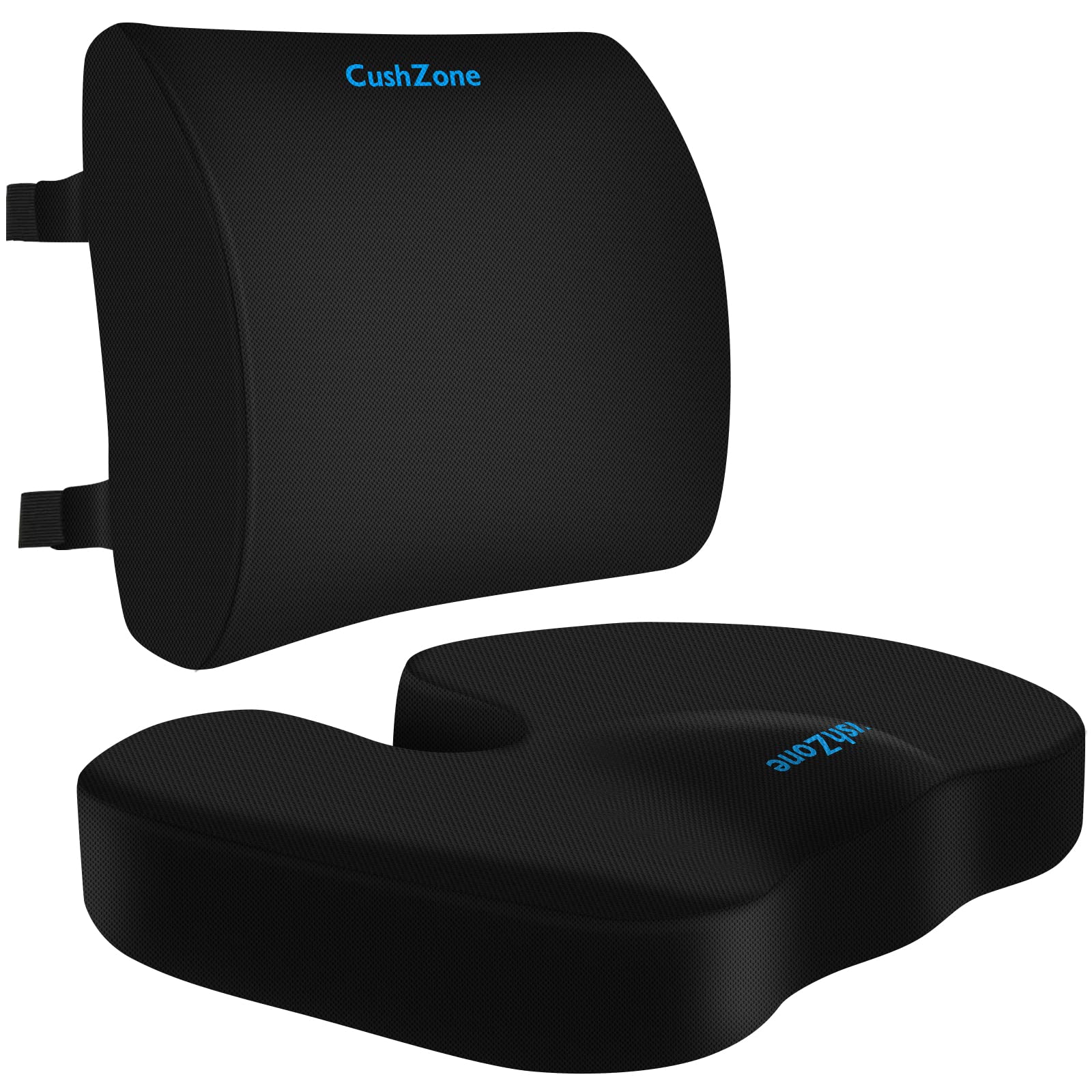 CushZone Seat Cushion, Lumbar Support Pillow with Adjustable Strap-Chair Cushions for Sciatica Pain Relief-with Washable Cover Memory Foam for Car, Travel and Wheelchair-Black