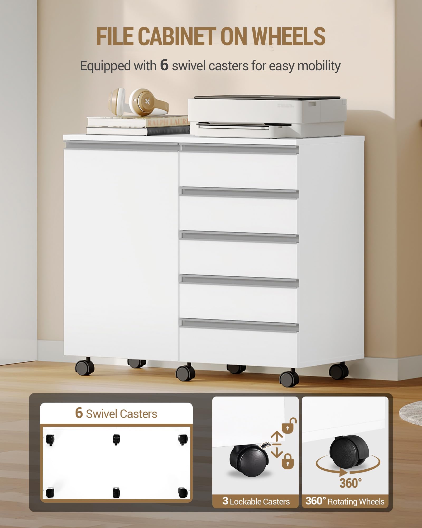 Hzuaneri 80 cm Cassettiera Scrivania su ruote con 5 cassetti e anta, Cassettiera archivio mobile con rotelle, Mobile salvaspazio sotto scrivania con ampio spazio contenitivo, Bianco FC52503X