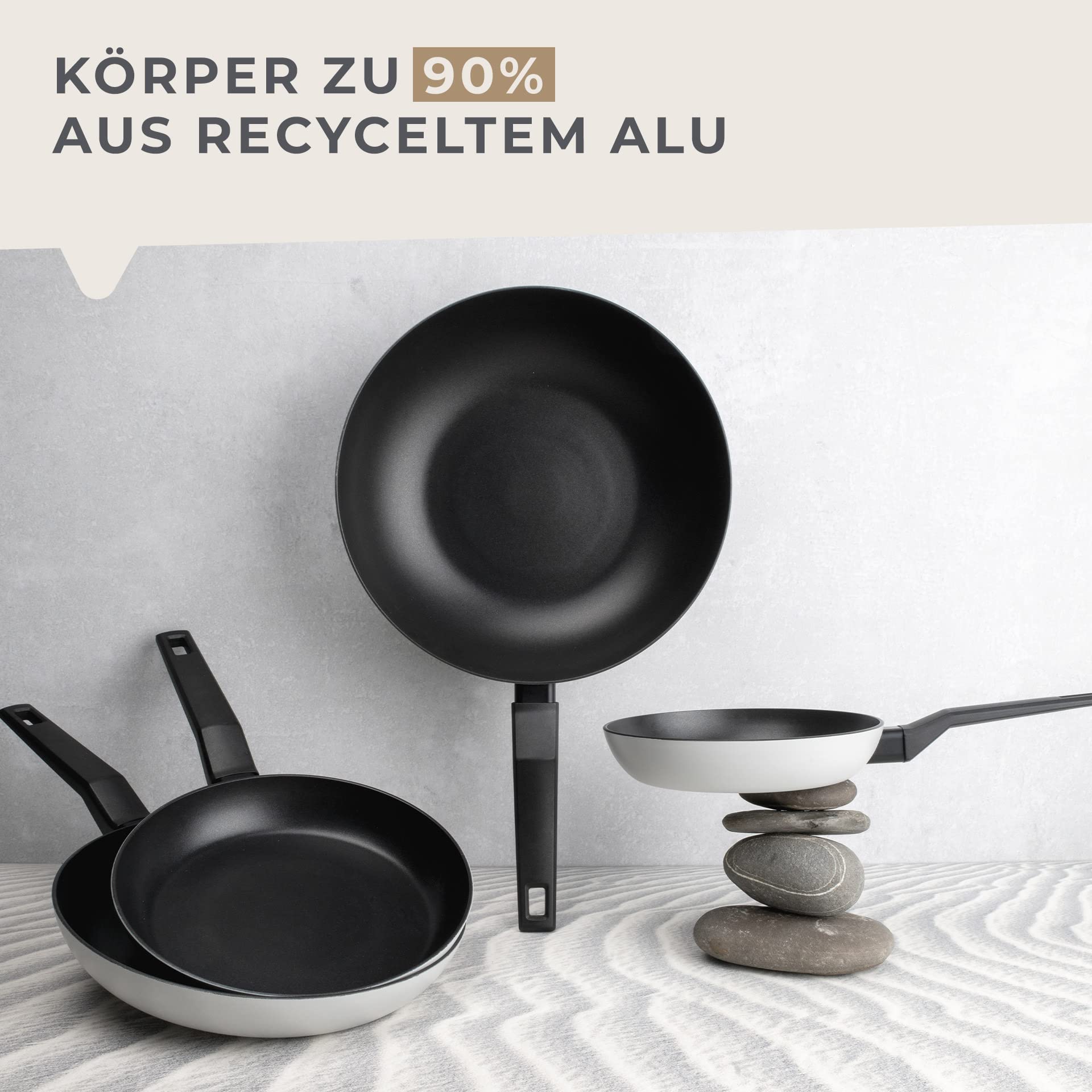Fackelmann Marble Koekenpannenset, 20 cm en 24 cm, anti-aanbakpannen van 90% gerecycled aluminium met ergonomische kunststof handgreep, inductiepan voor koken en aanbraden