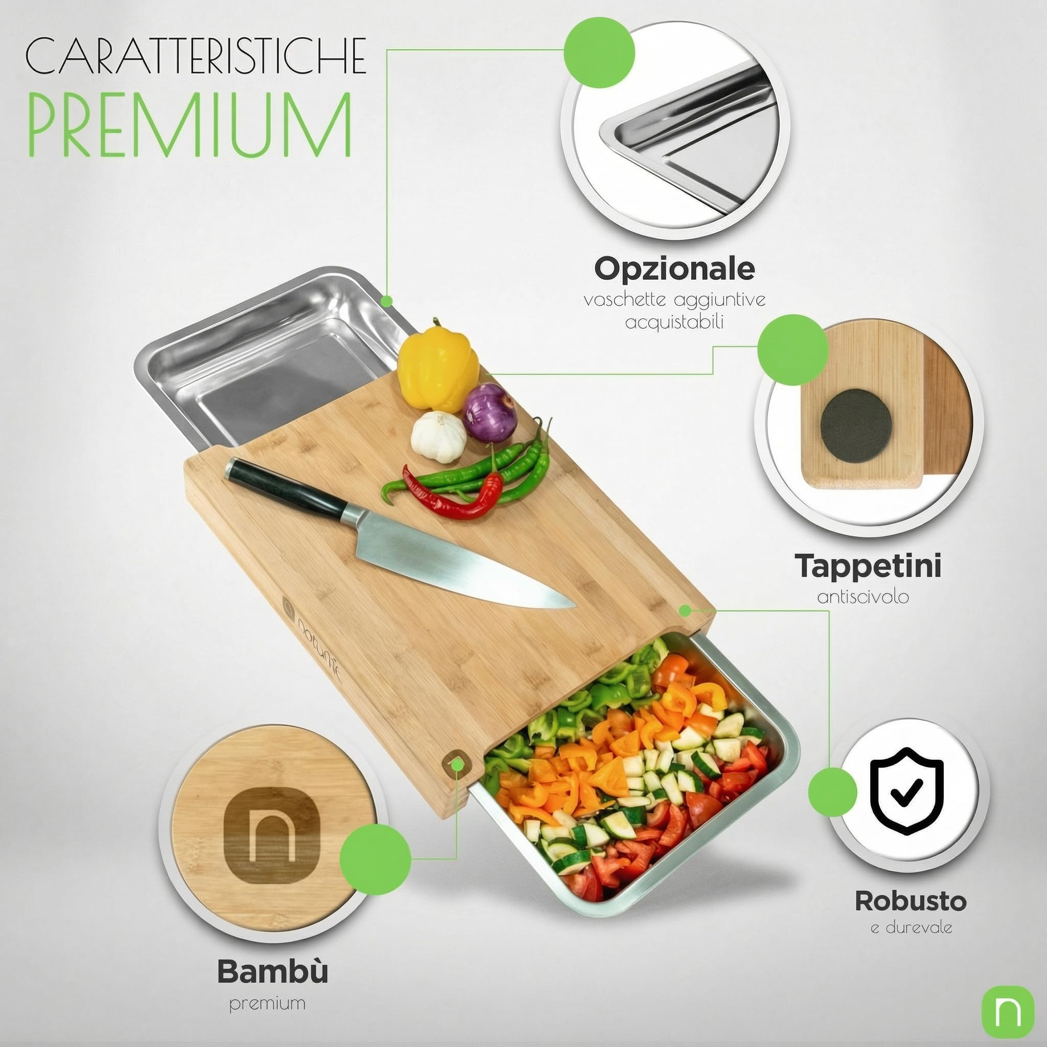 naturlik Tagliere da cucina in bambù con vassoi magnetici – Doppio contenitore per alimenti e scarti, pratico, resistente, FSC® – Tagliere legno
