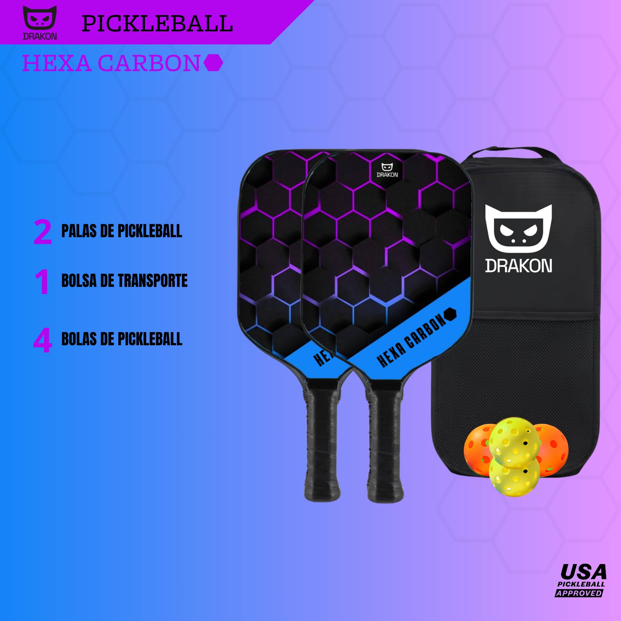 DRAKON - Lot de 2 raquettes de pickleball en fibre de carbone + housse + 4 balles de pickleball - Noyau en panneau d'abeille en polypropylène - Convient aux débutants et aux joueurs occasionnels