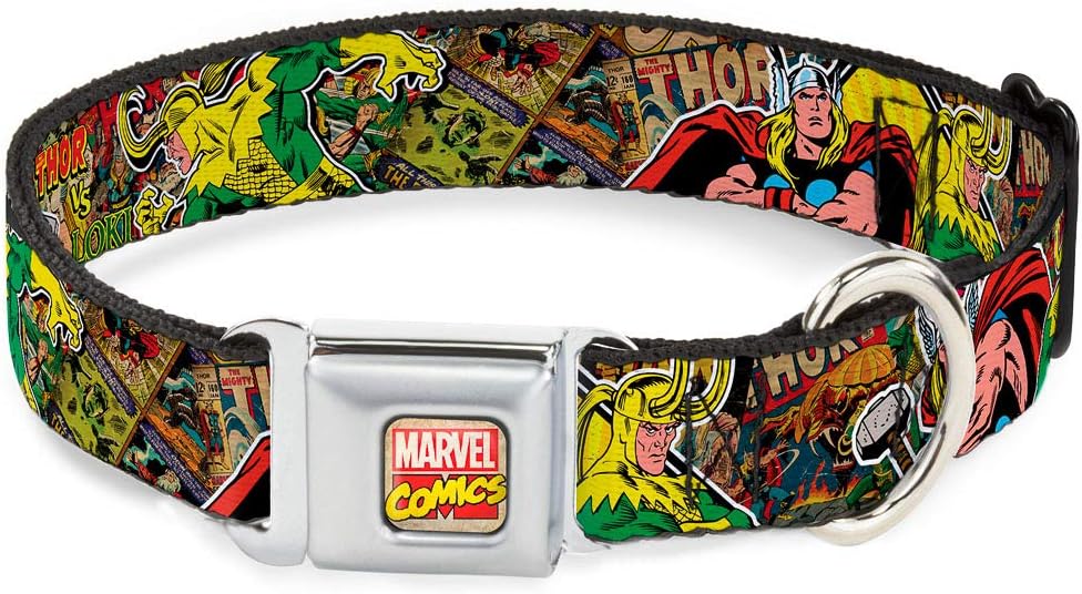 Dog Collar Seatbelt Buckle Thor Loki Poses Retro Comic Books Stacked 18 to 32 Inches 1.5 Inch Wide