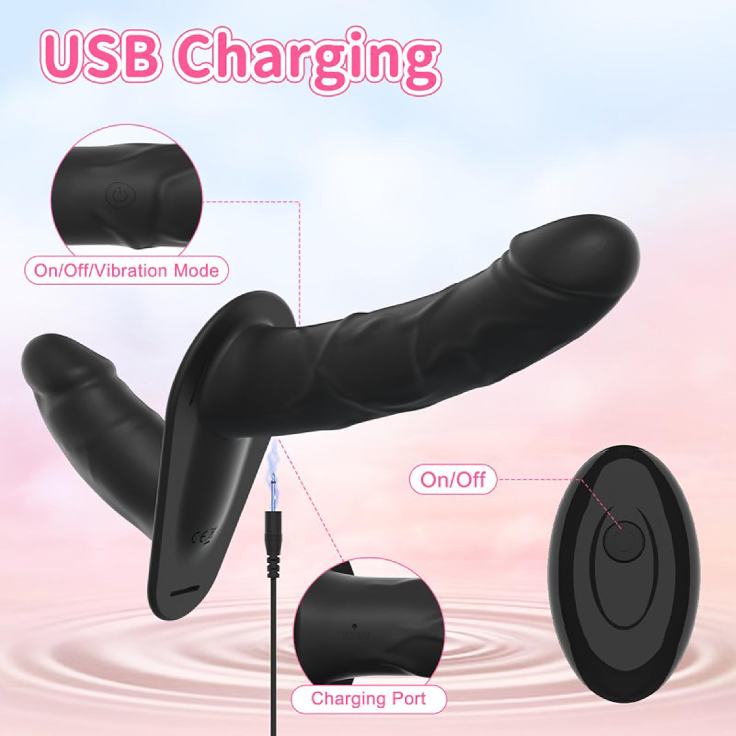 Strap-On con Vibración para Parejas – Doble Dildo 16 cm / 9 cm, 10 Modos con Mando a Distancia FOPS D51