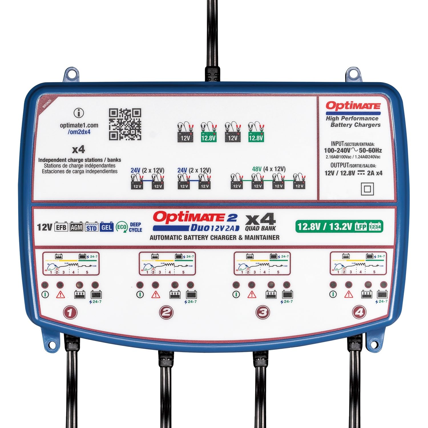OptiMate 2 Duo x 2 Bank – 2-Bank 12V/12,8V Automatisches Ladegerät und Wartungsgerät (2A pro Bank) – Für Blei-Säure- und Lithium-LiFePO4-Batterien – Sicher, intelligent und wetterfest