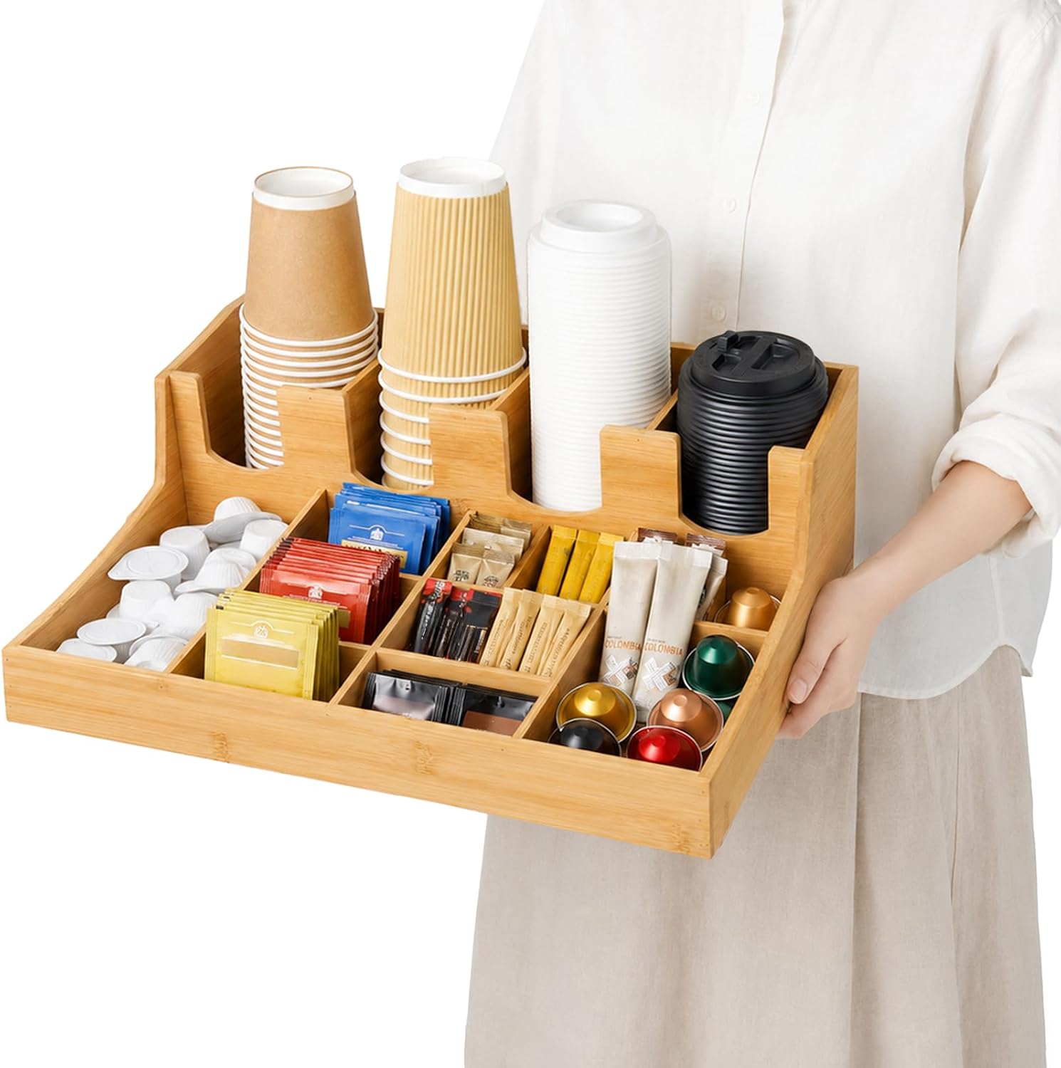 13-compartment Coffee Condiment Organizer, Bamboo Tea Station Organizer Caddy for Countertop, Coffee Bar Storage Accessories for Tea Bags, Cups, Pods, Creamer, Syrup