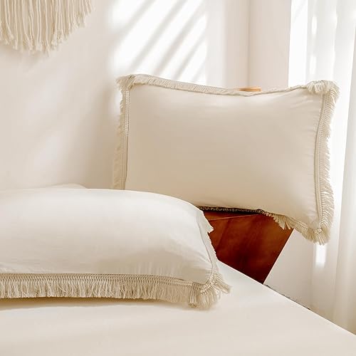 Miniatura 6 de Litanika Juego de edredón beige Queen de 3 piezas, edredón ligero con borlas bohemias crema, para todas las estaciones, juego de edredón de color